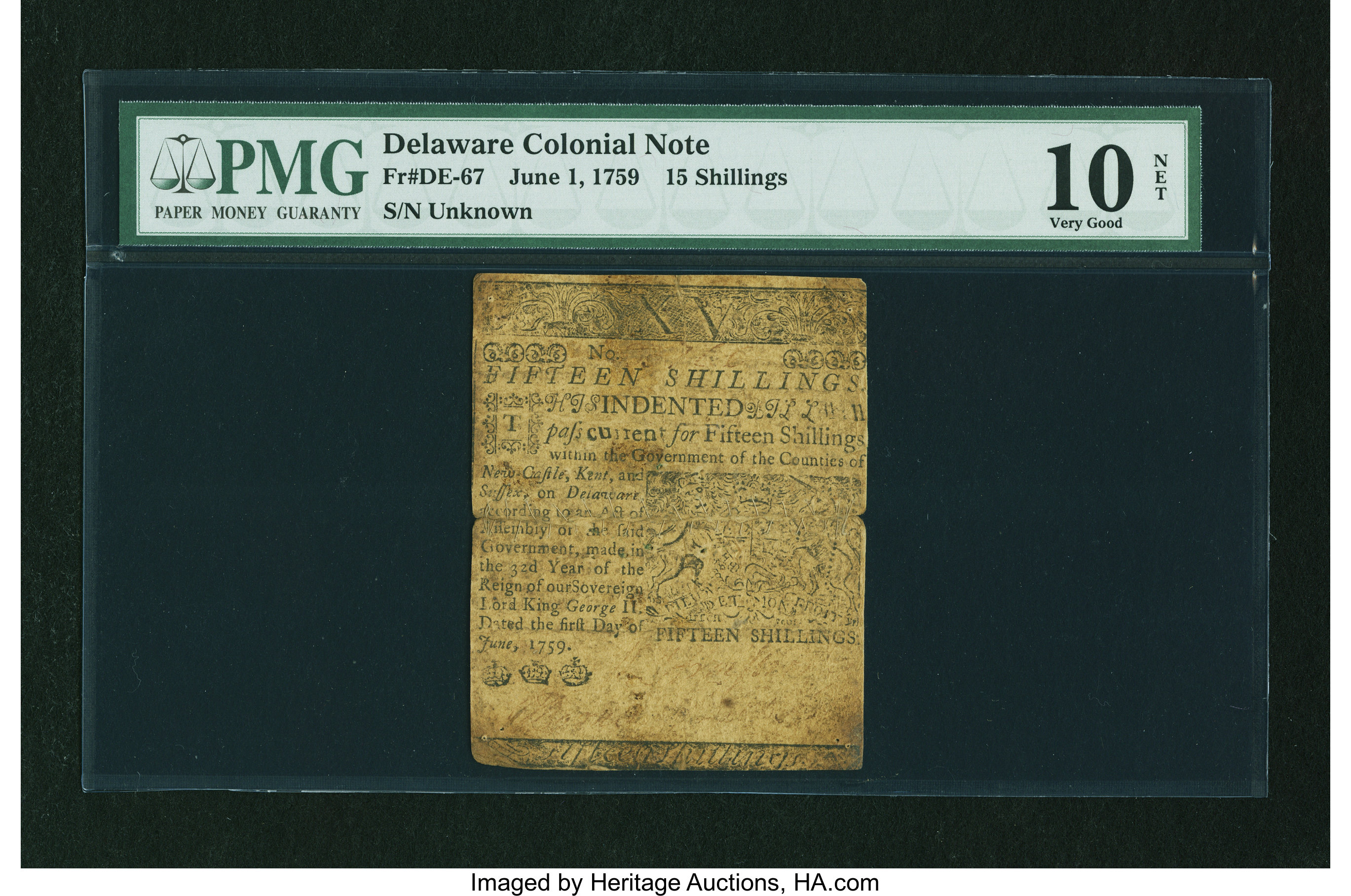 image for: Delaware June 1, 1759 15s PMG Very Good 10 Net....