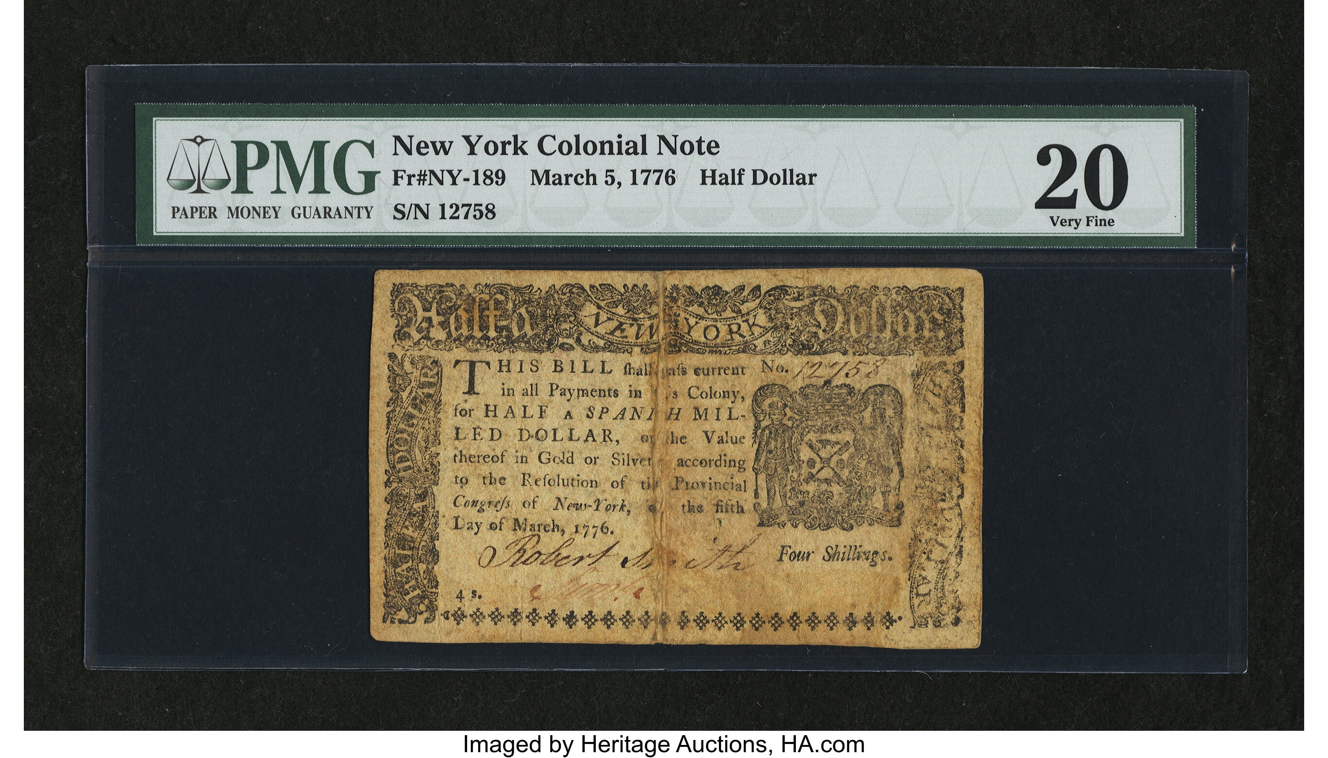 image for: New York March 5, 1776 $1/2 PMG Very Fine 20....