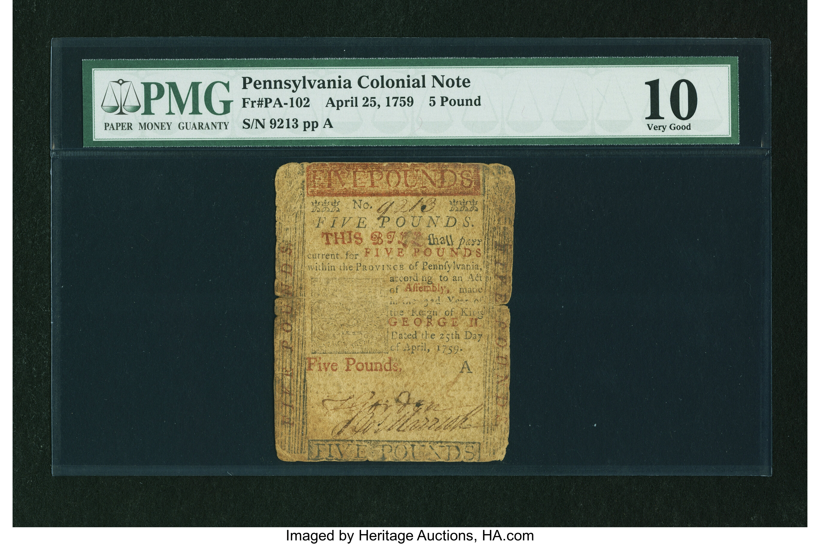 image for: Pennsylvania April 25, 1759 £5 PMG Very Good 10....