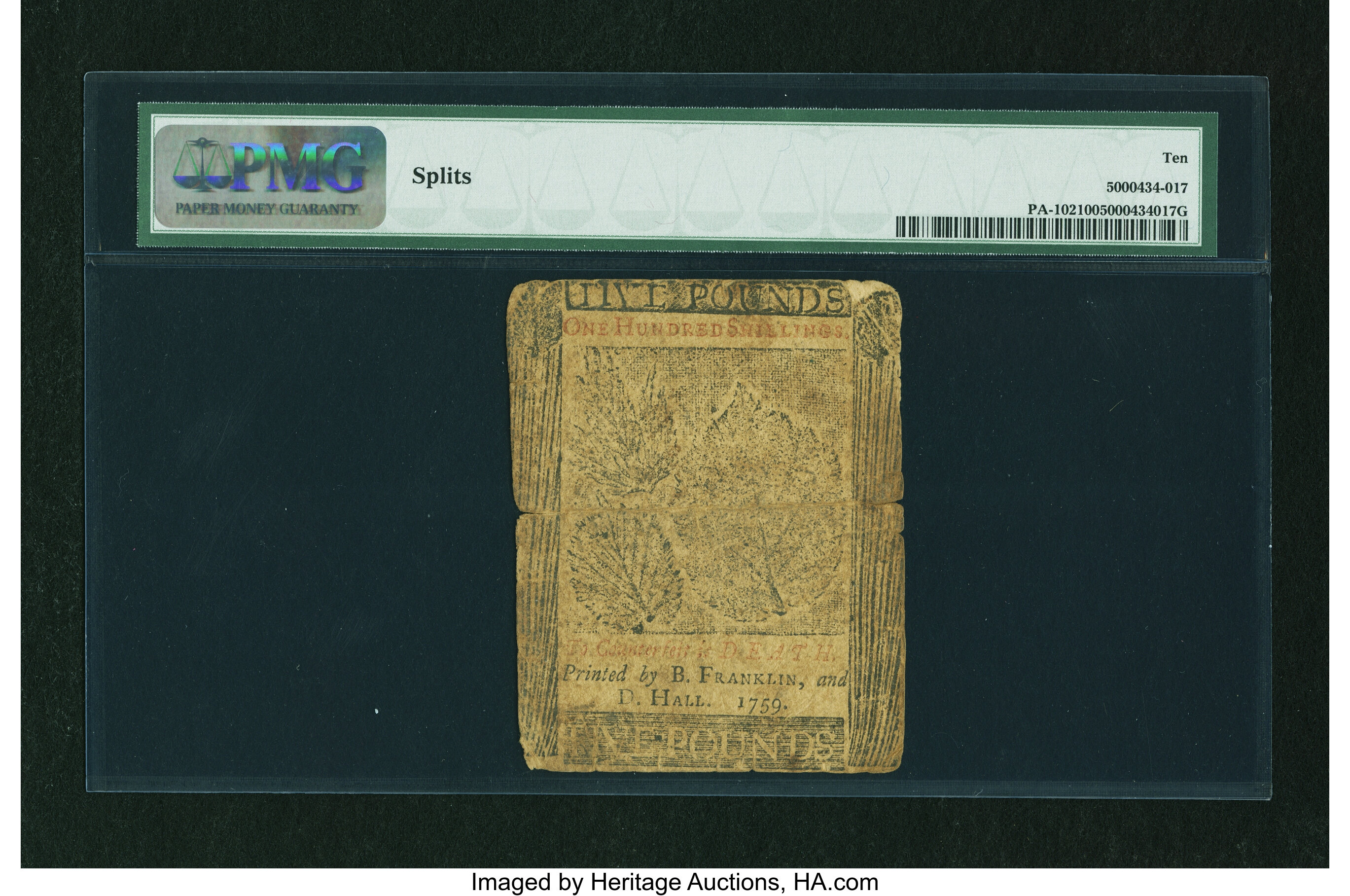 image for: Pennsylvania April 25, 1759 £5 PMG Very Good 10....