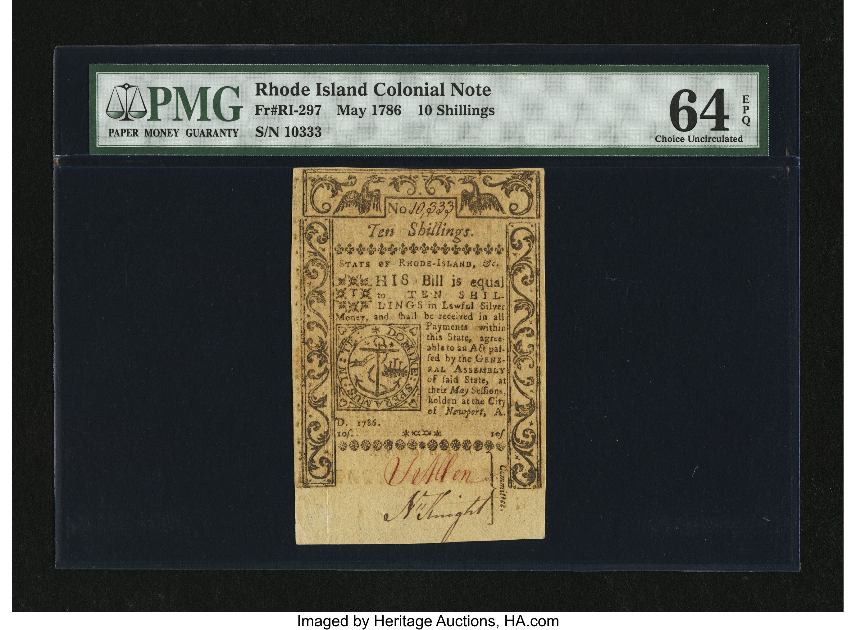 image for: Rhode Island May 1786 10s PMG Choice Uncirculated 64 EPQ....