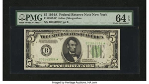 image for: Fr. 1957-B* $5 1934A Federal Reserve Note. PMG Choice Uncirculated 64 EPQ....
