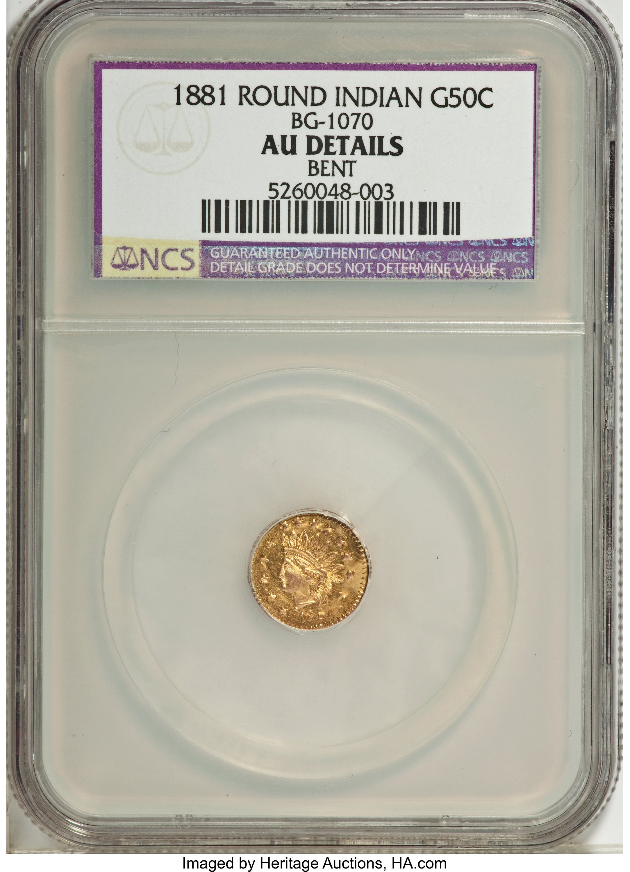 image for: 1881 50C Indian Round 50 Cents, BG-1070, R.5,--Bent--NCS. AU Details. NGC Census: (0/5). PCGS Population (0/30).   (#10899)...
