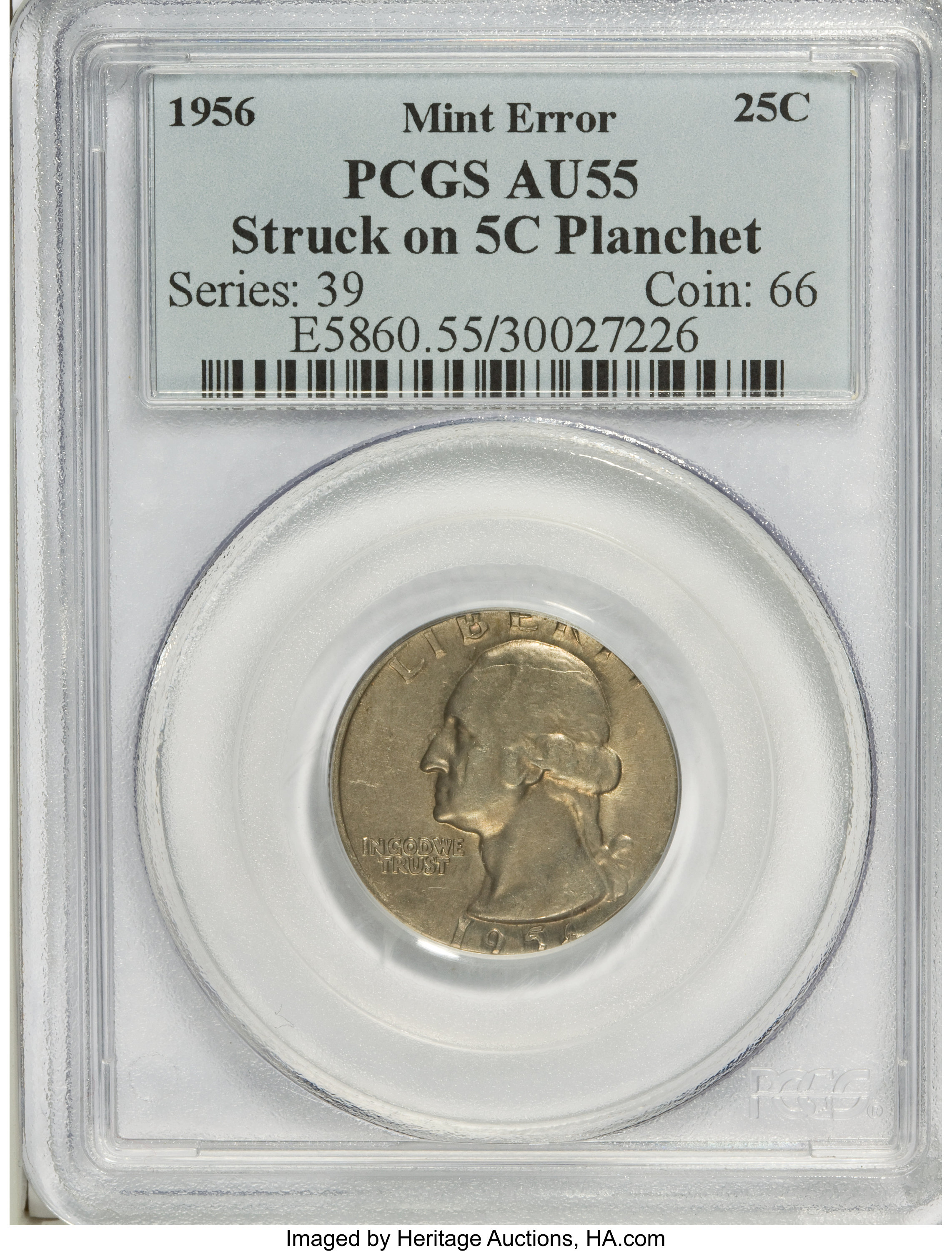 1956 25C Washington Quarter--Struck on 5C Planchet--AU55 PCGS. ...