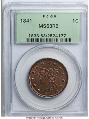 image for: 1841 1C MS63 Red and Brown PCGS....