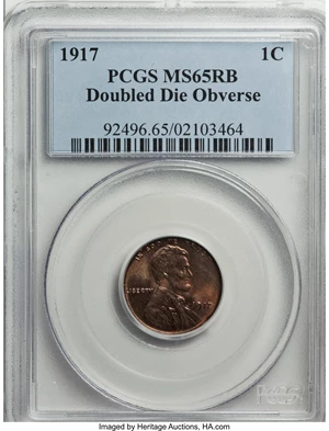 image for: 1917 1C Doubled Die Obverse MS65 Red and Brown PCGS....