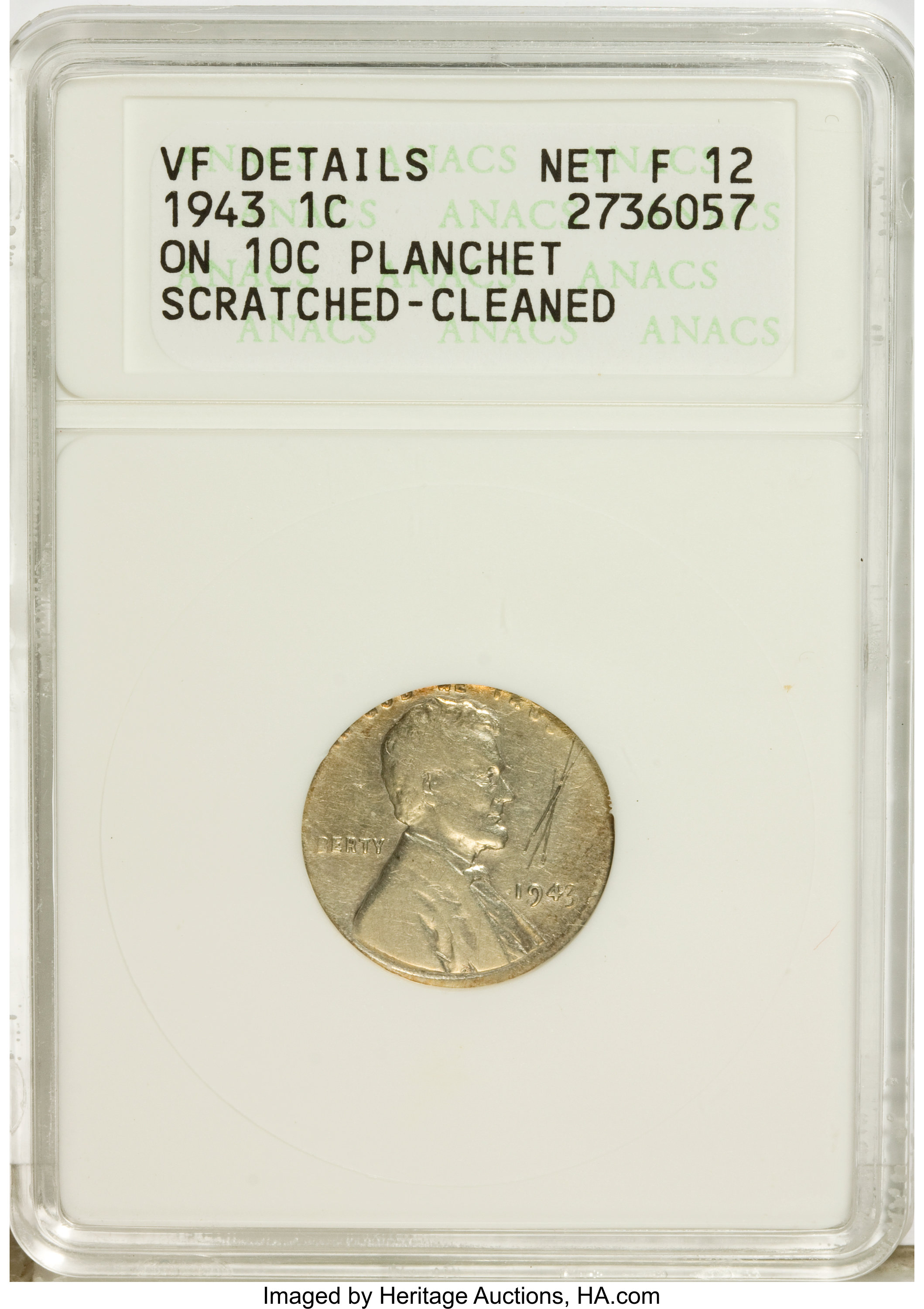 1943 1C Lincoln Cent--Struck on a Dime Planchet, Scratched, Cleaned--ANACS. VF Details, Net Fine 12. ...