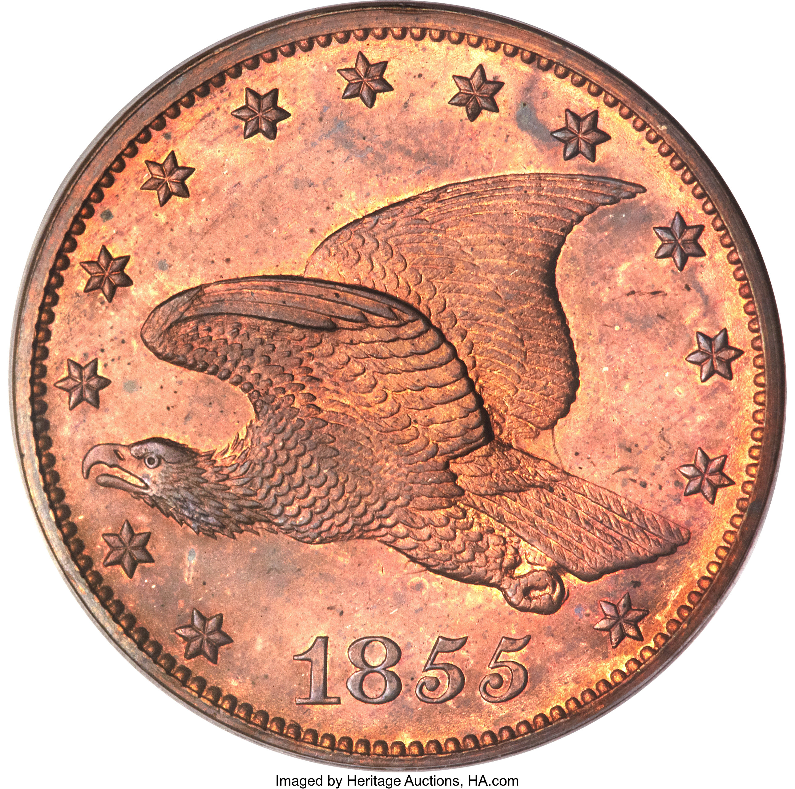 image for: 1855 P1C Flying Eagle Cent, Judd-167 Original, Pollock-193, R.5, PR65 Red and Brown PCGS....