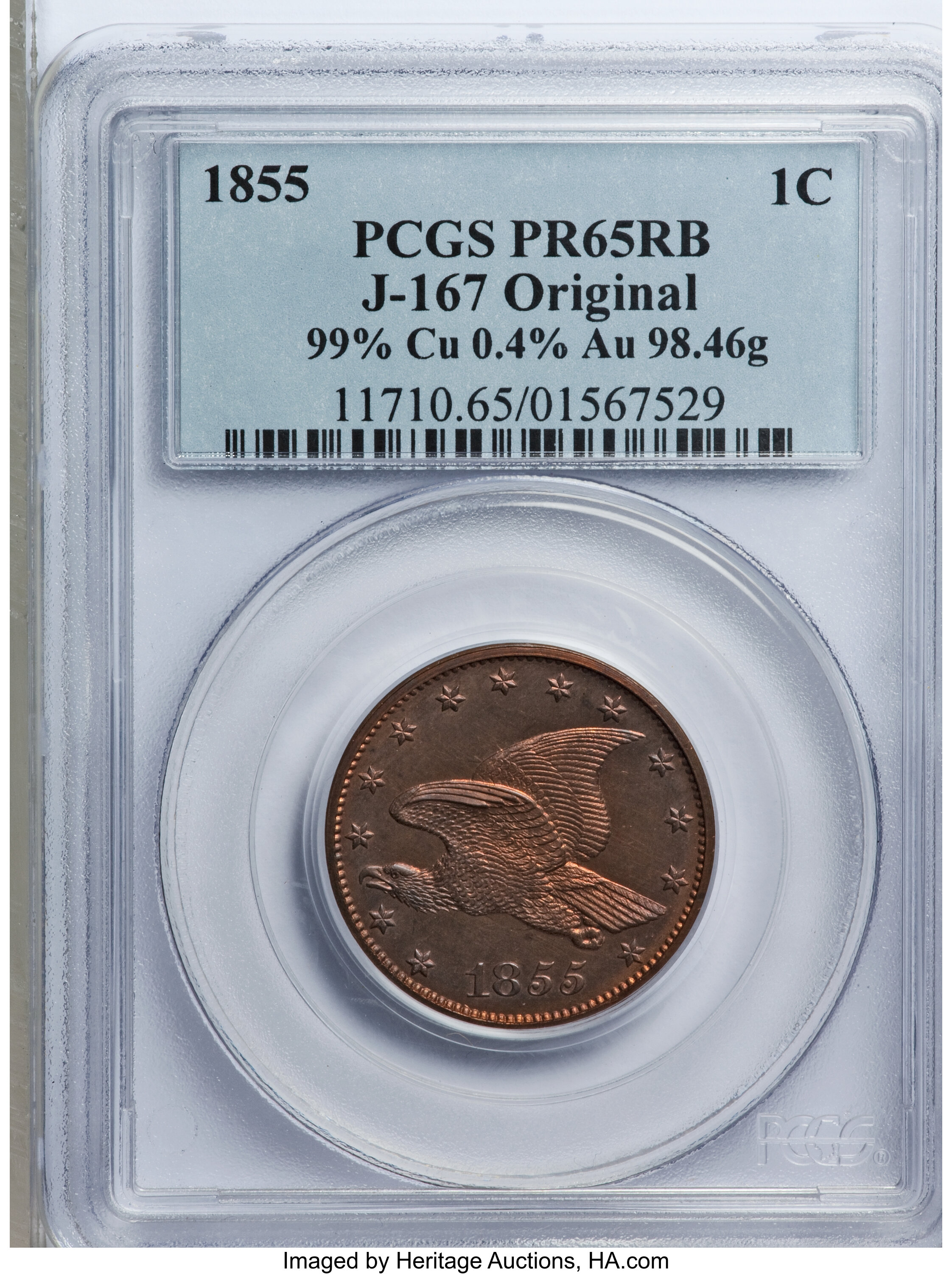 image for: 1855 P1C Flying Eagle Cent, Judd-167 Original, Pollock-193, R.5, PR65 Red and Brown PCGS....