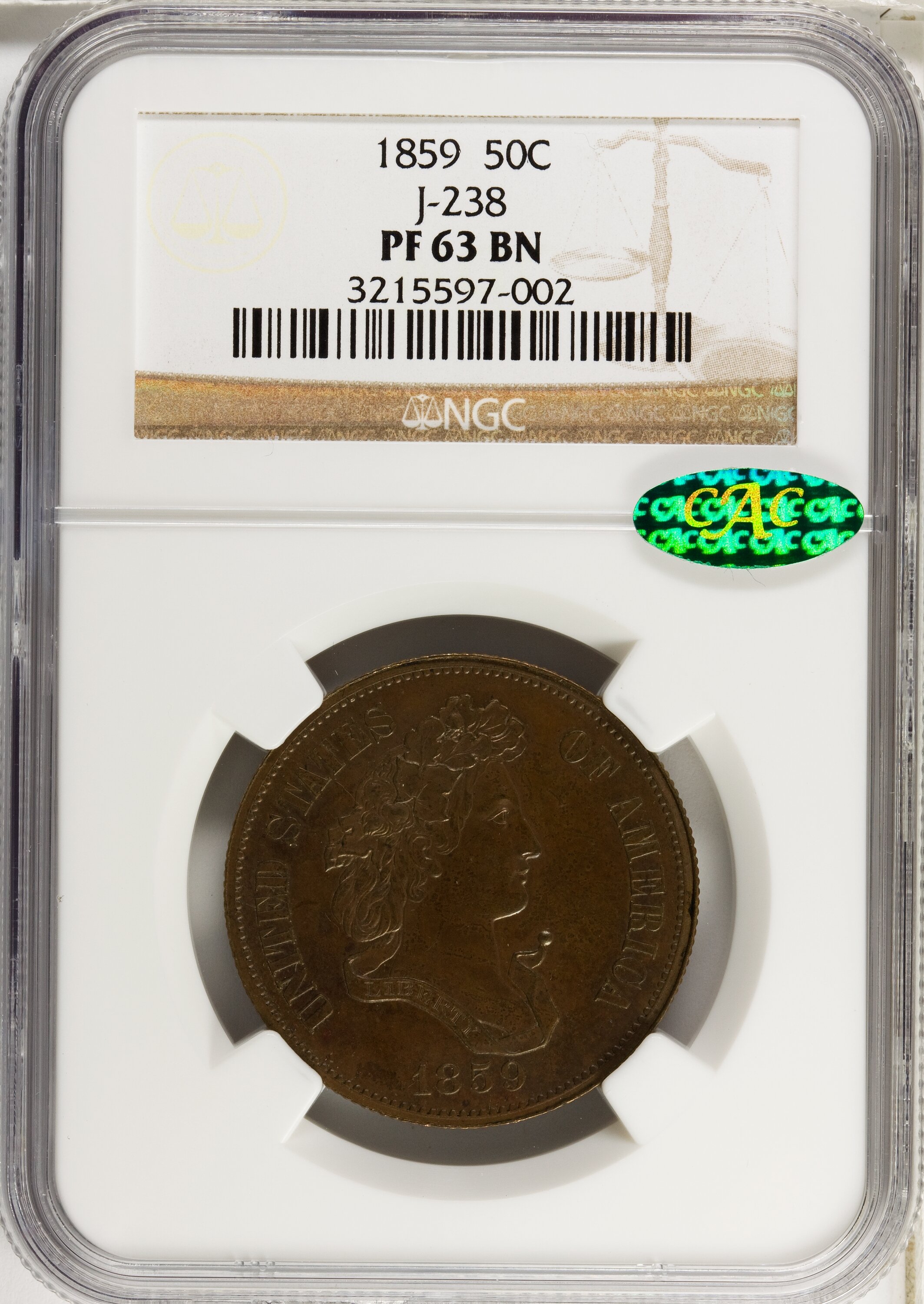 image for: 1859 P50C Half Dollar, Judd-238, Pollock-294, R.5, PR63 Brown NGC. CAC....