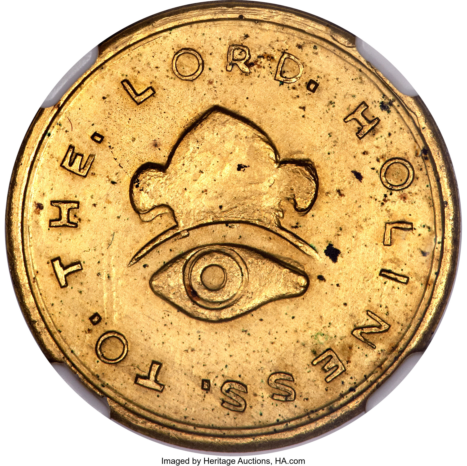 image for: (C. 1900) 'Restrike' 1849 Mormon Half Eagle Uniface Reverse Impression in Copper, Gilt--Improperly Cleaned--NGC. Unc Details....