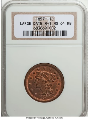 image for: 1857 1C Large Date MS64 Red and Brown NGC. N-1. NGC Census: (5/9). PCGS Population (24/0). Mintage: 333,456. Numismedia Ws...