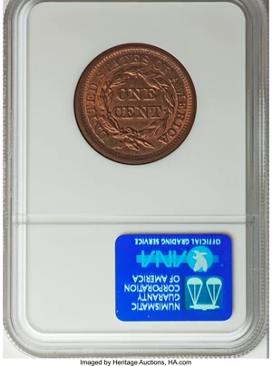 image for: 1857 1C Large Date MS64 Red and Brown NGC. N-1. NGC Census: (5/9). PCGS Population (24/0). Mintage: 333,456. Numismedia Ws...