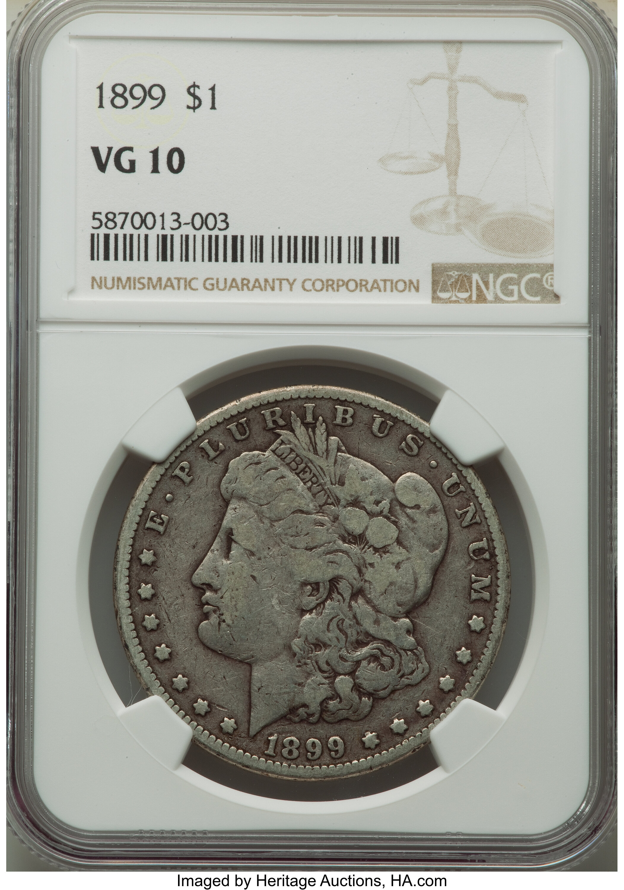 1899 $1 VG10 NGC. NGC Census: (20/11394). PCGS Population: (37/16257). CDN: $105 Whsle. Bid for NGC/PCGS VG10. Mintage 330,...