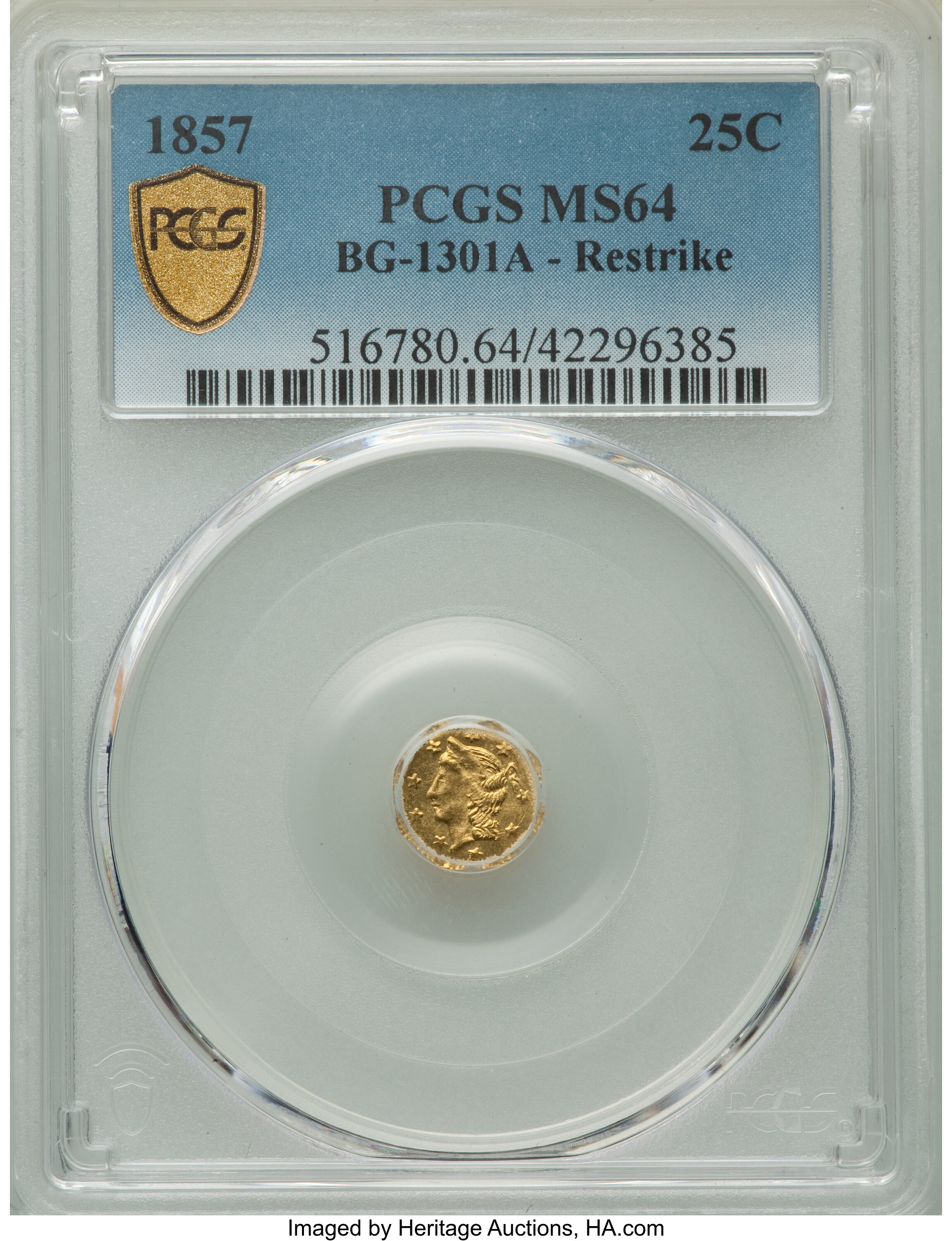 image for: 1857 25C BG-1301A - Restrike MS64 PCGS. PCGS Population: (15/14 and 0/1+). NGC Census: (0/0 and 0/0+). CDN: $130 Whsle. Bid...