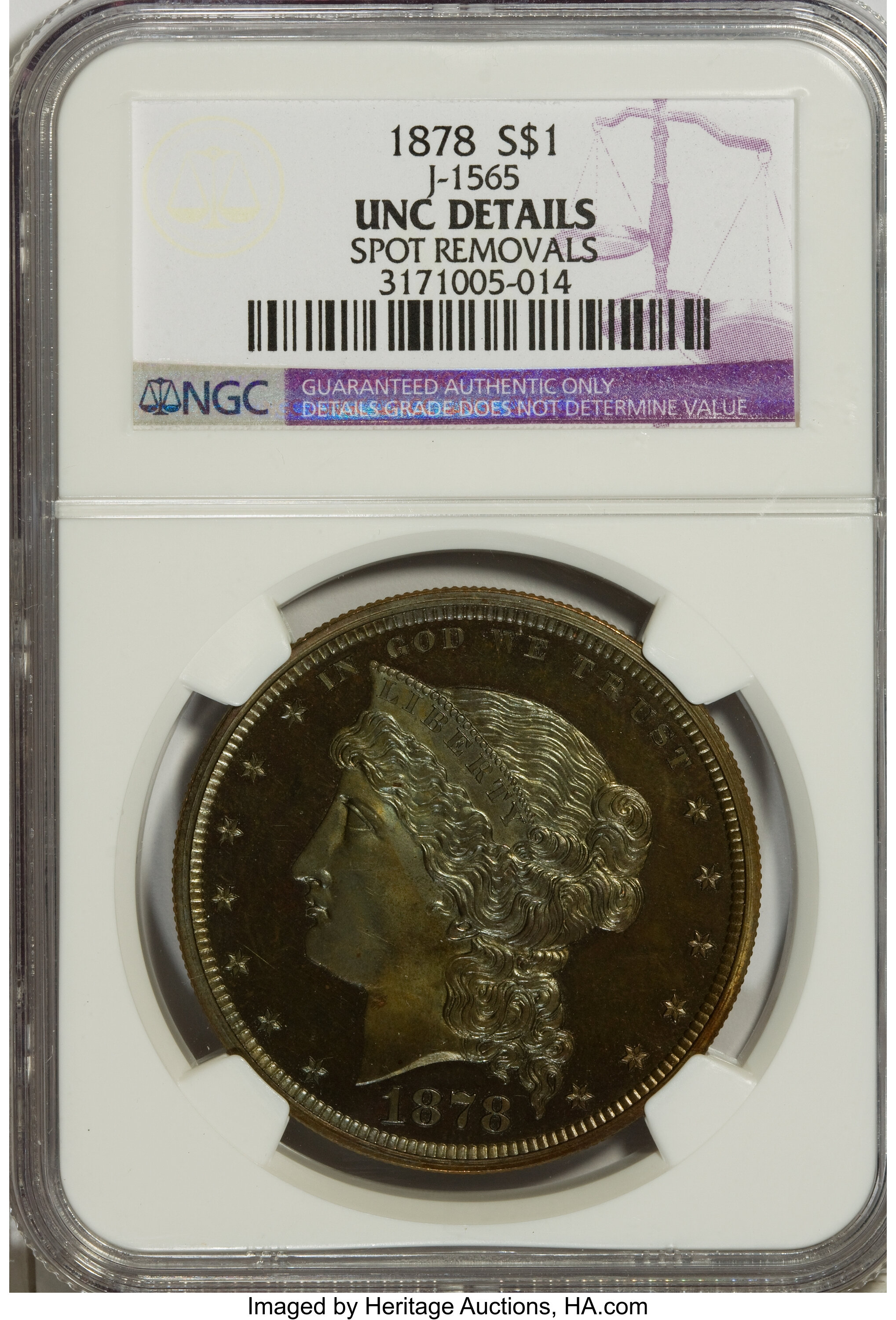 image for: 1878 $1 Dollar, Judd-1555, Pollock-1734, R.7--Spot Removals--NGC. Unc Details....