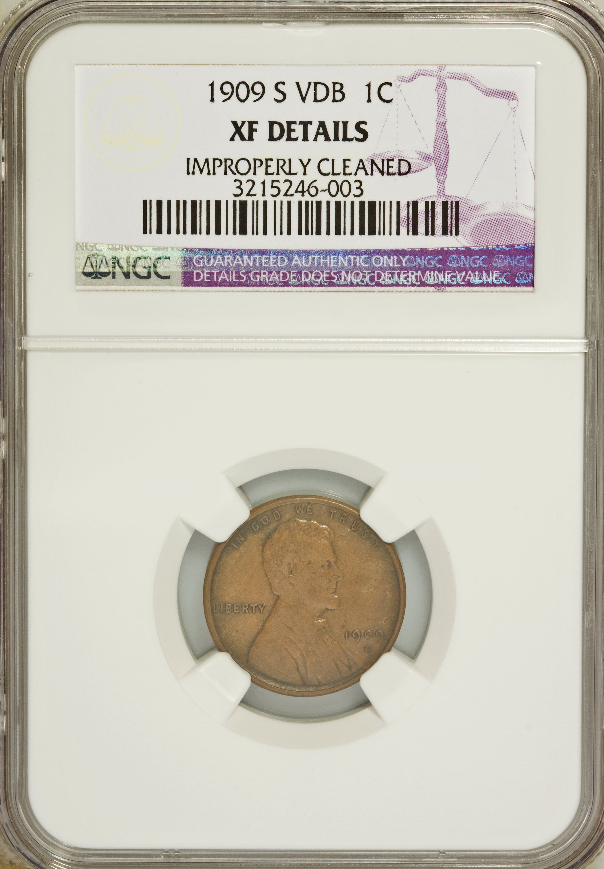 1909-S VDB 1C --Improperly Cleaned--NGC. XF Details. NGC Census: (0/505). PCGS Population (1/1943). Mintage: 484,000. (#242...