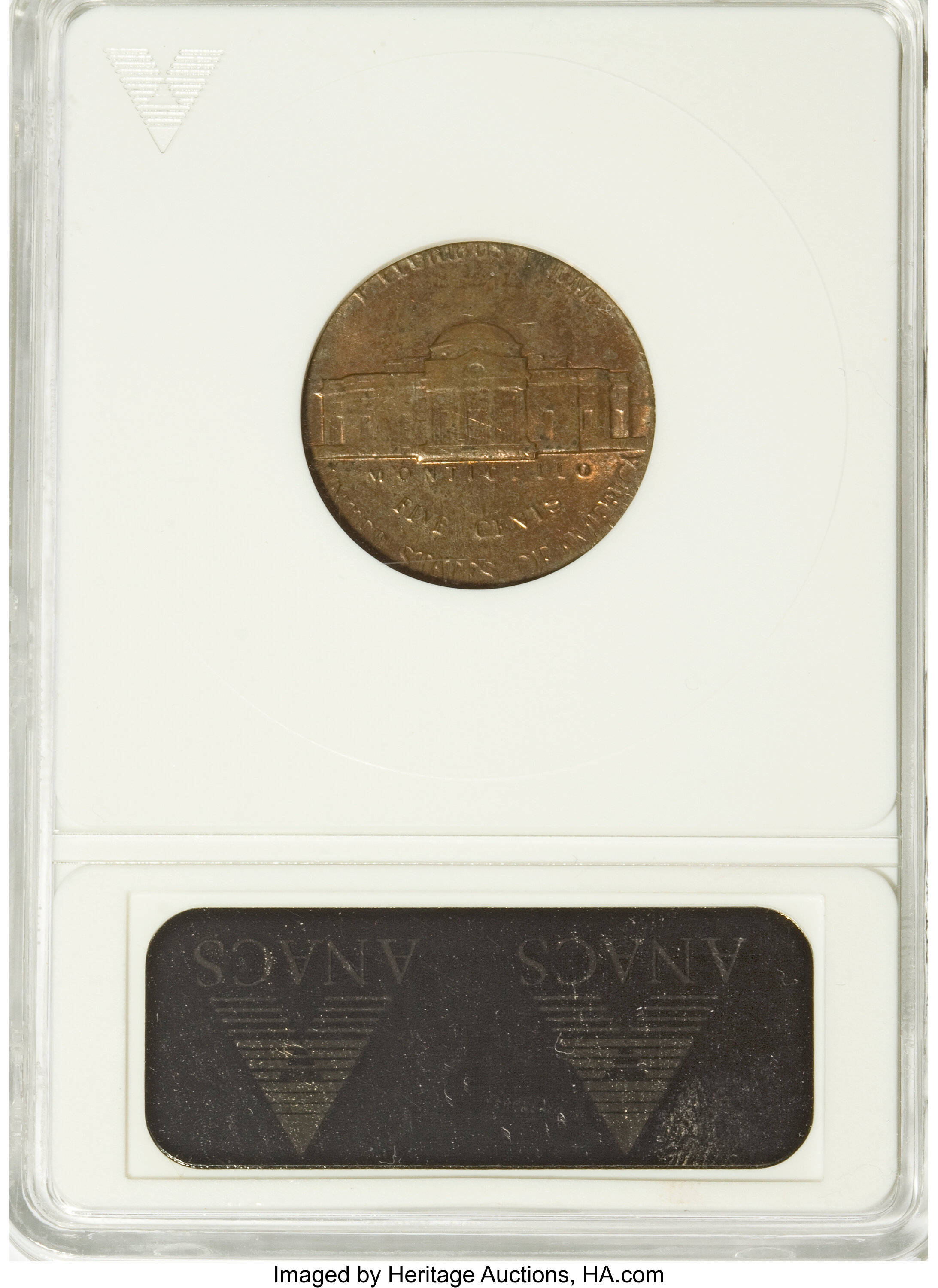 image for: 1980-D 5C Jefferson Nickel--on a Cent Planchet--MS60 Red and Brown ANACS....