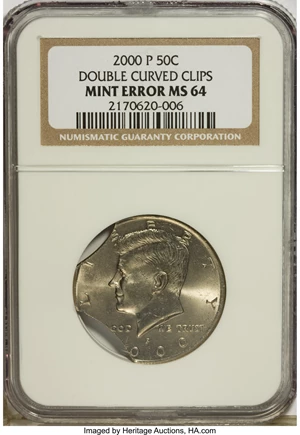 image for: 2000-P 50C Kennedy Half Dollars Double Curved Clips MS64 NGC. NGC Census: (6/75). PCGS Population (25/400). Numismedia Wsl....