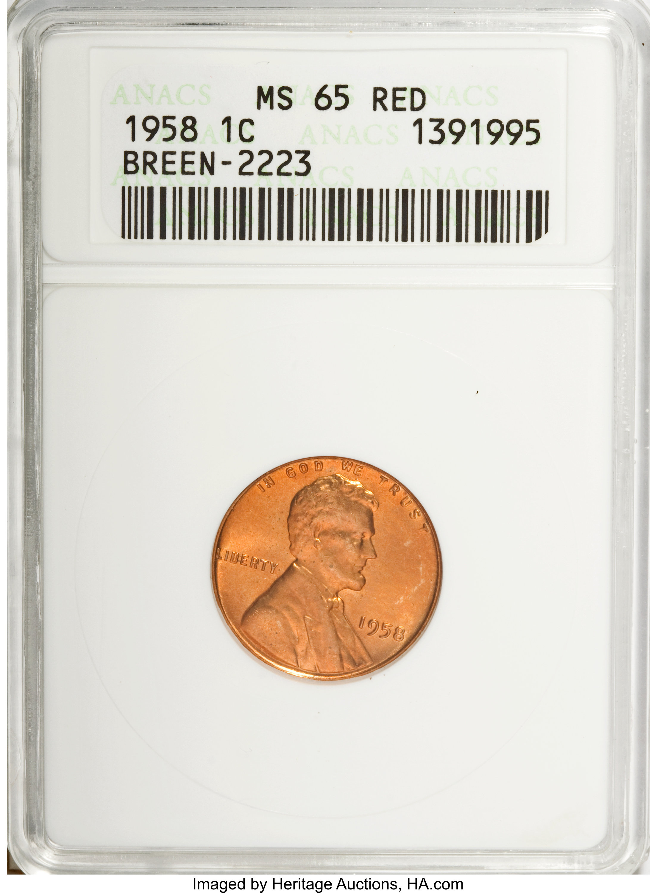 1958 1C MS65 Red ANACS. BREEN-2223. NGC Census: (304/1383). PCGS Population (406/777). Mintage: 253,400,656. Numismedia Ws...
