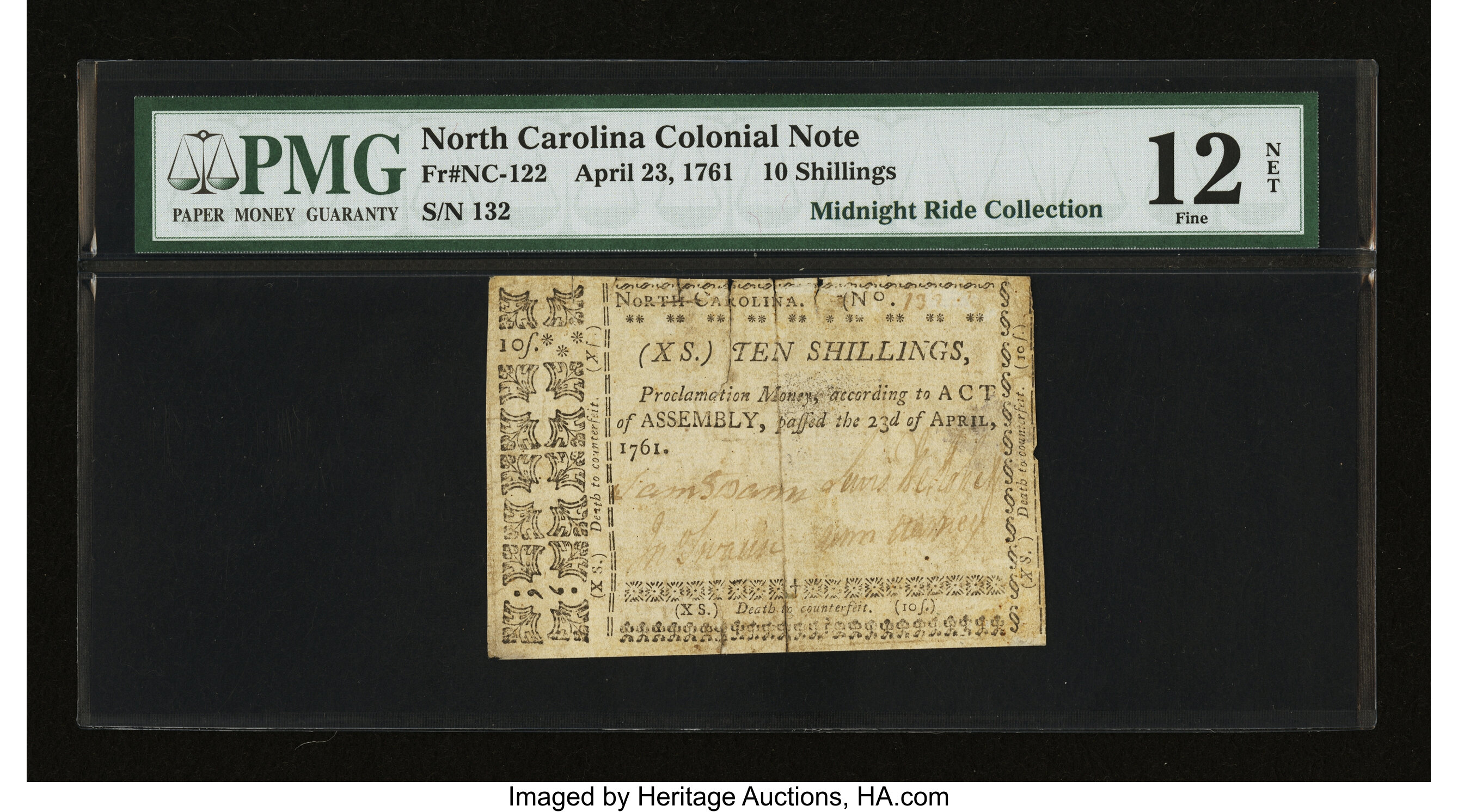 image for: North Carolina April 23, 1761 10s PMG Fine 12 Net....