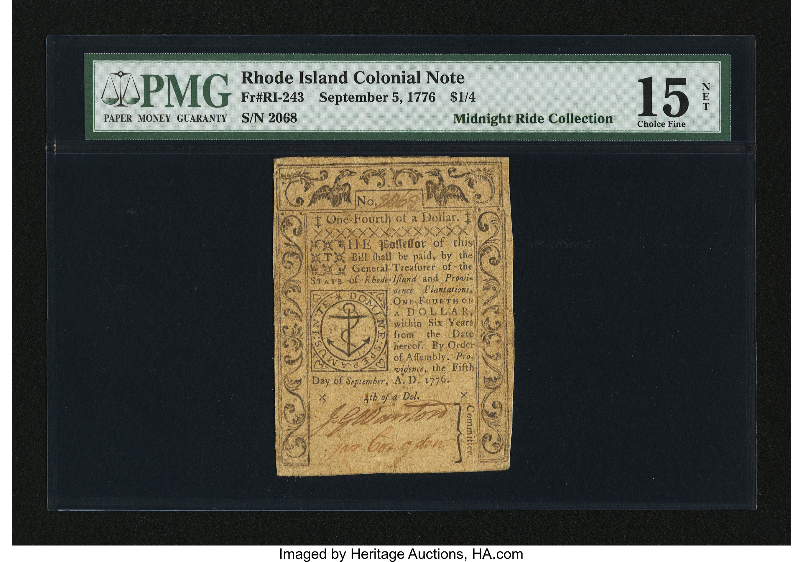 image for: Rhode Island September 5, 1776 $1/4 PMG Choice Fine 15 Net....
