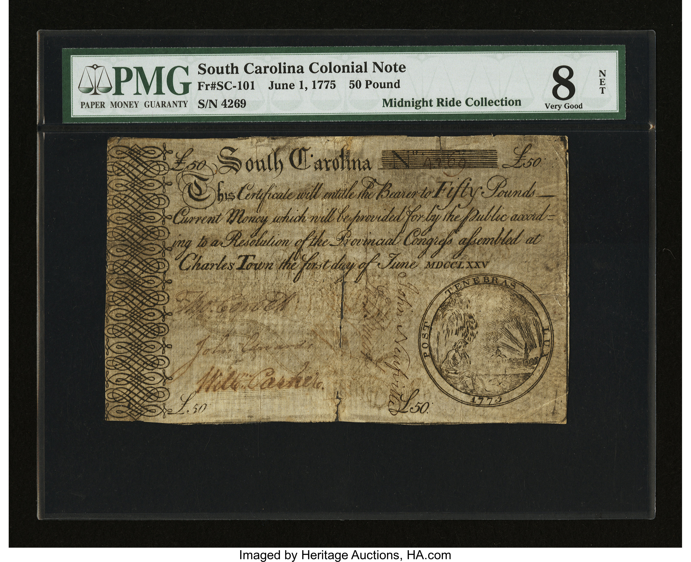 image for: South Carolina June 1, 1775 £50 PMG Very Good 8 Net....