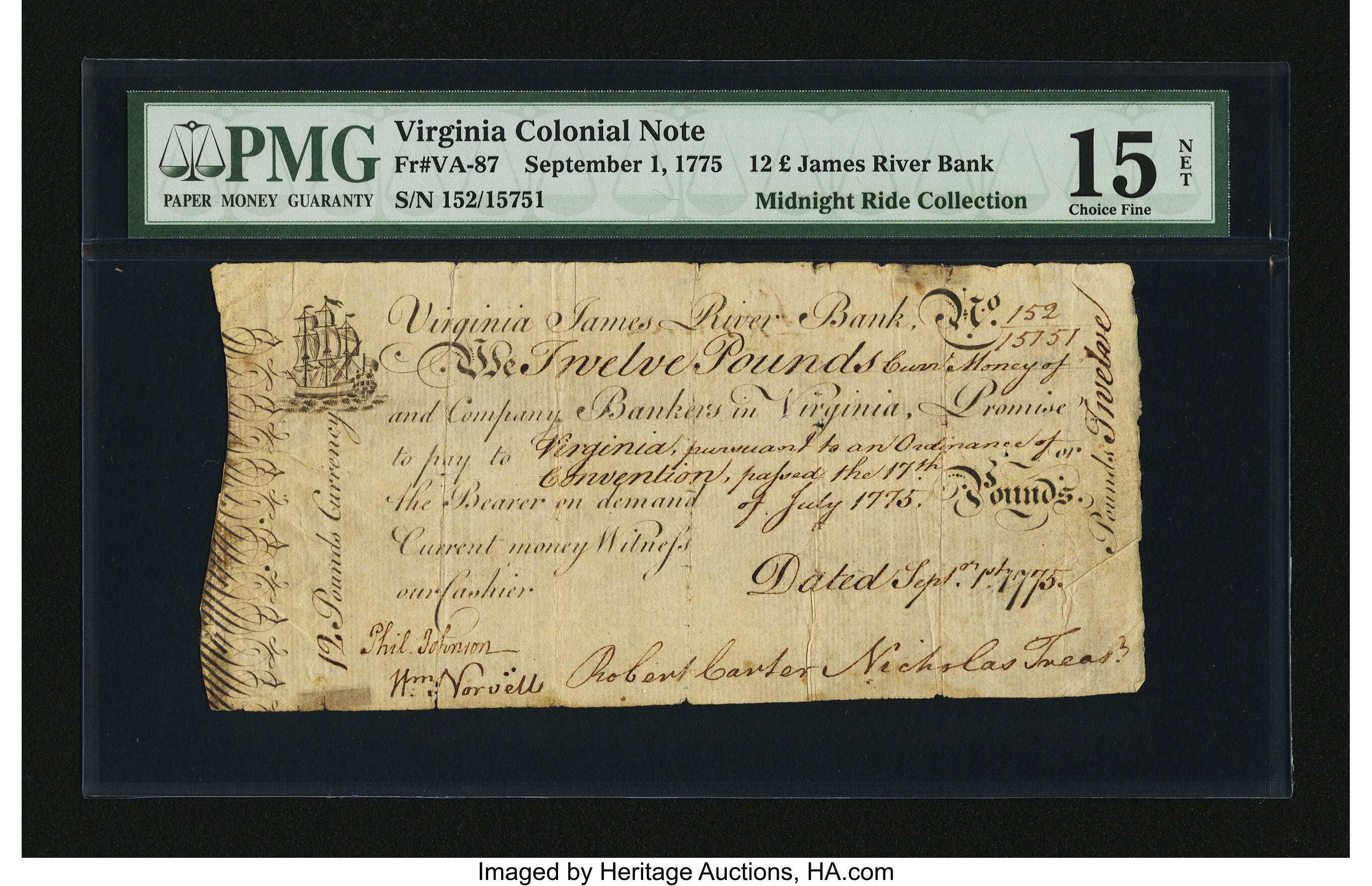 image for: Virginia September 1, 1775 £12 PMG Choice Fine 15 Net....