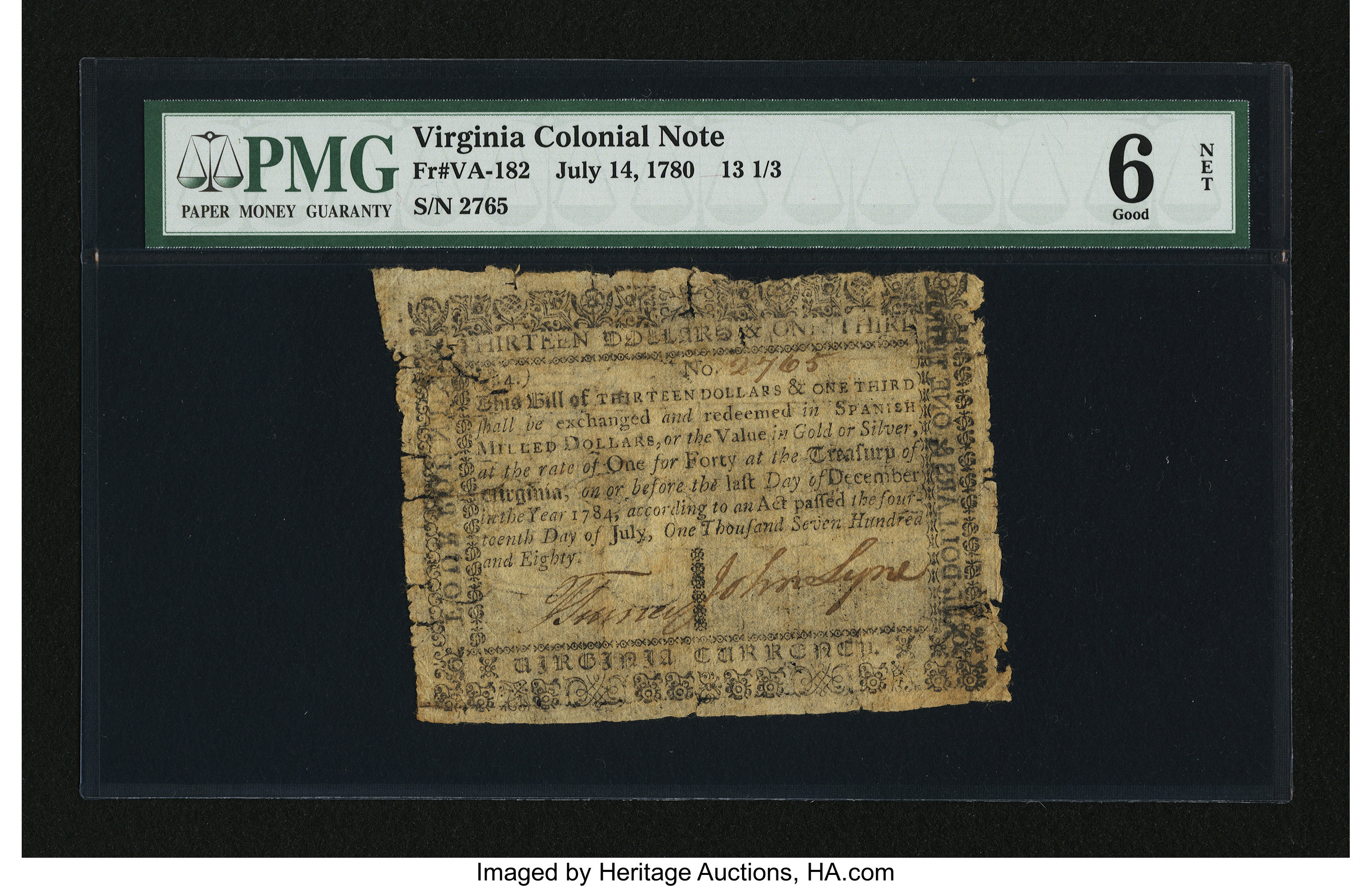 image for: Virginia July 14, 1780 $13 1/3 PMG Good 6 Net....