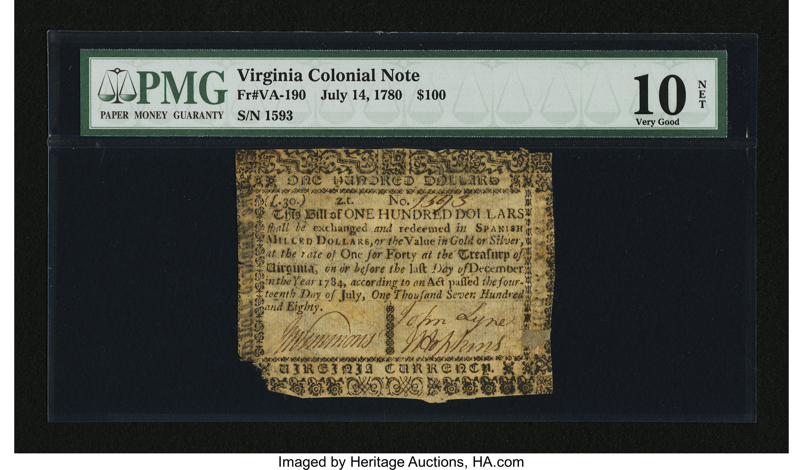 image for: Virginia July 14, 1780 $100 PMG Very Good 10 Net....