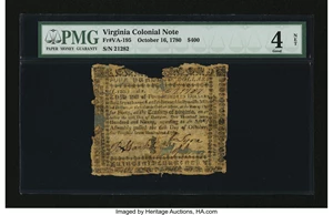 image for: Virginia October 16, 1780 $400 PMG Good 4 Net....
