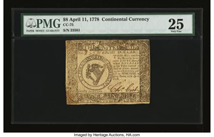 image for: Continental Currency April 11, 1778 $8 PMG Very Fine 25....