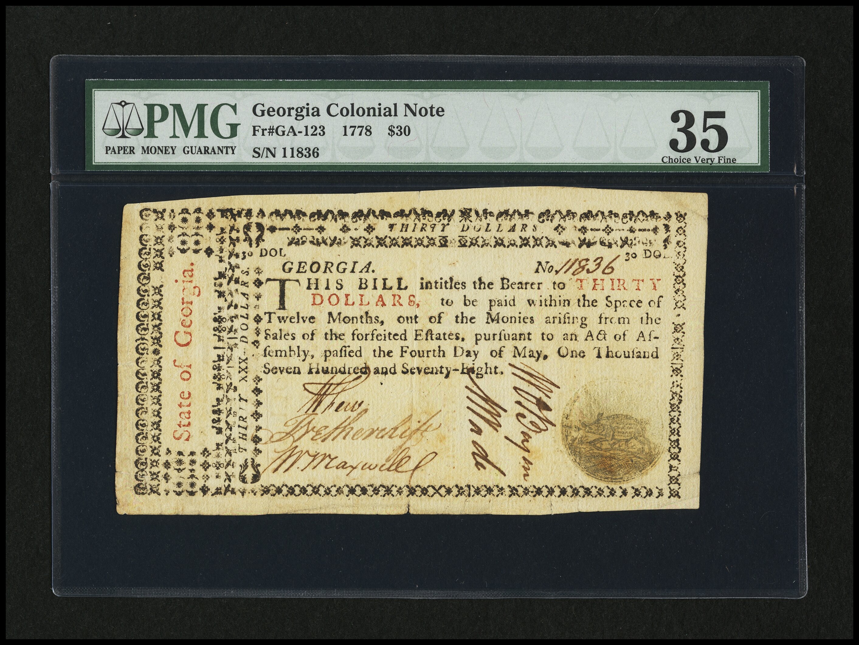 image for: Georgia May 4, 1778 $30 PMG Choice Very Fine 35....