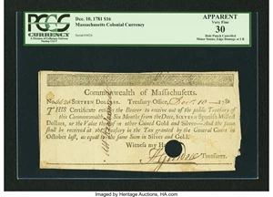 image for: Commonwealth of Massachusetts $16 Treasury Office Certificate Dec. 10, 1781 Anderson MA 28 PCGS Apparent Very Fine 30, HOC....