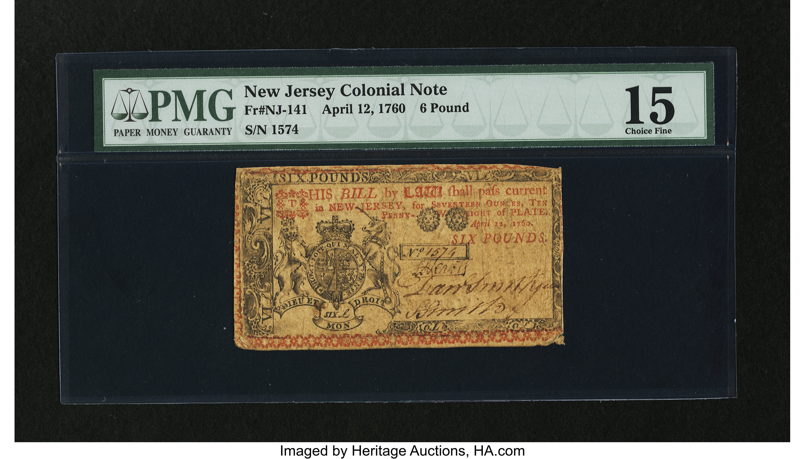 image for: New Jersey April 12, 1760 £6 PMG Choice Fine 15....