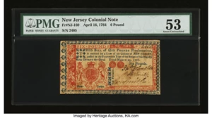 image for: New Jersey March 25, 1776 £6 PMG About Uncirculated 53....