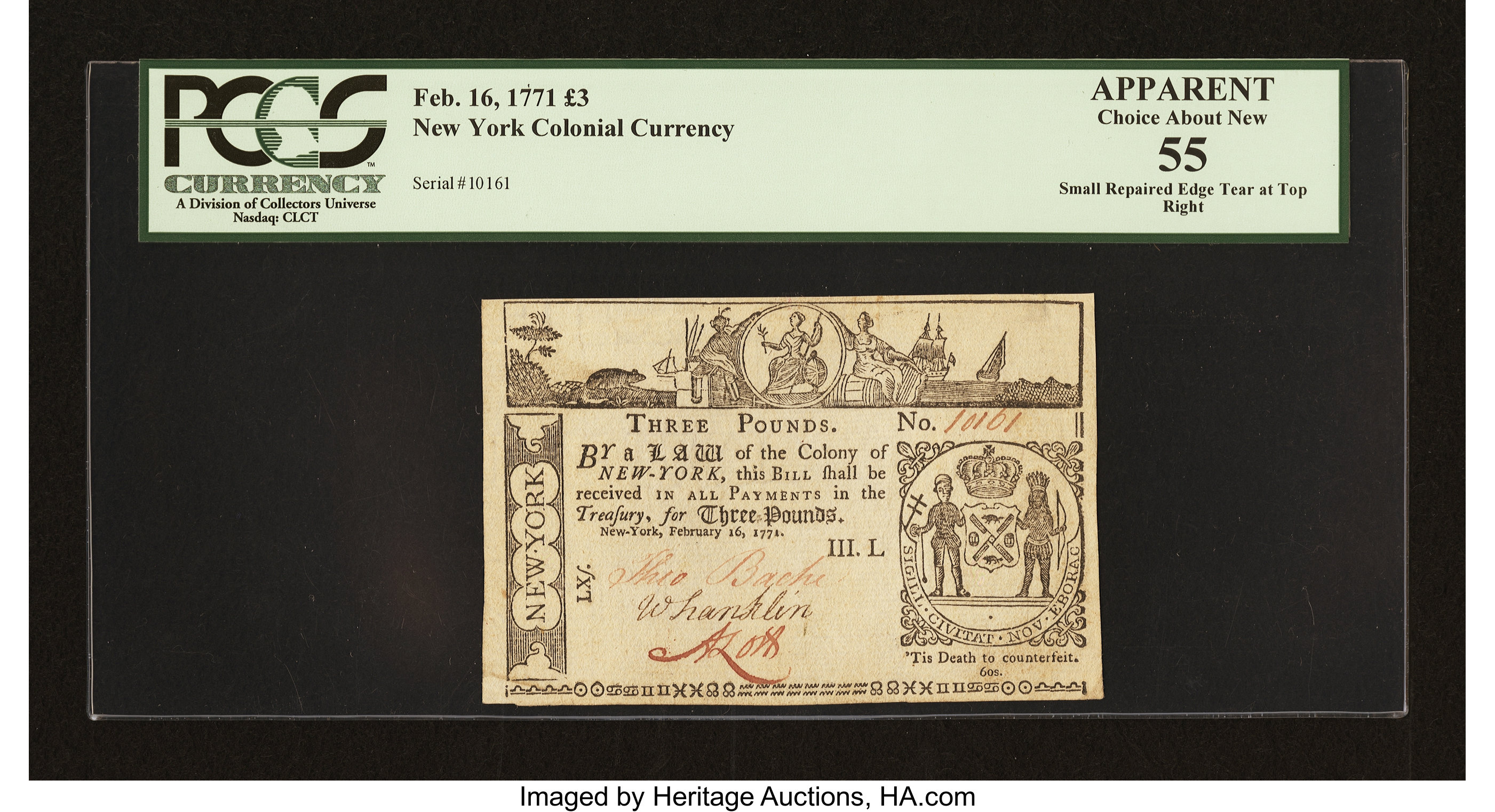 image for: New York February 16, 1771 £3 PCGS Apparent Choice About New 55....