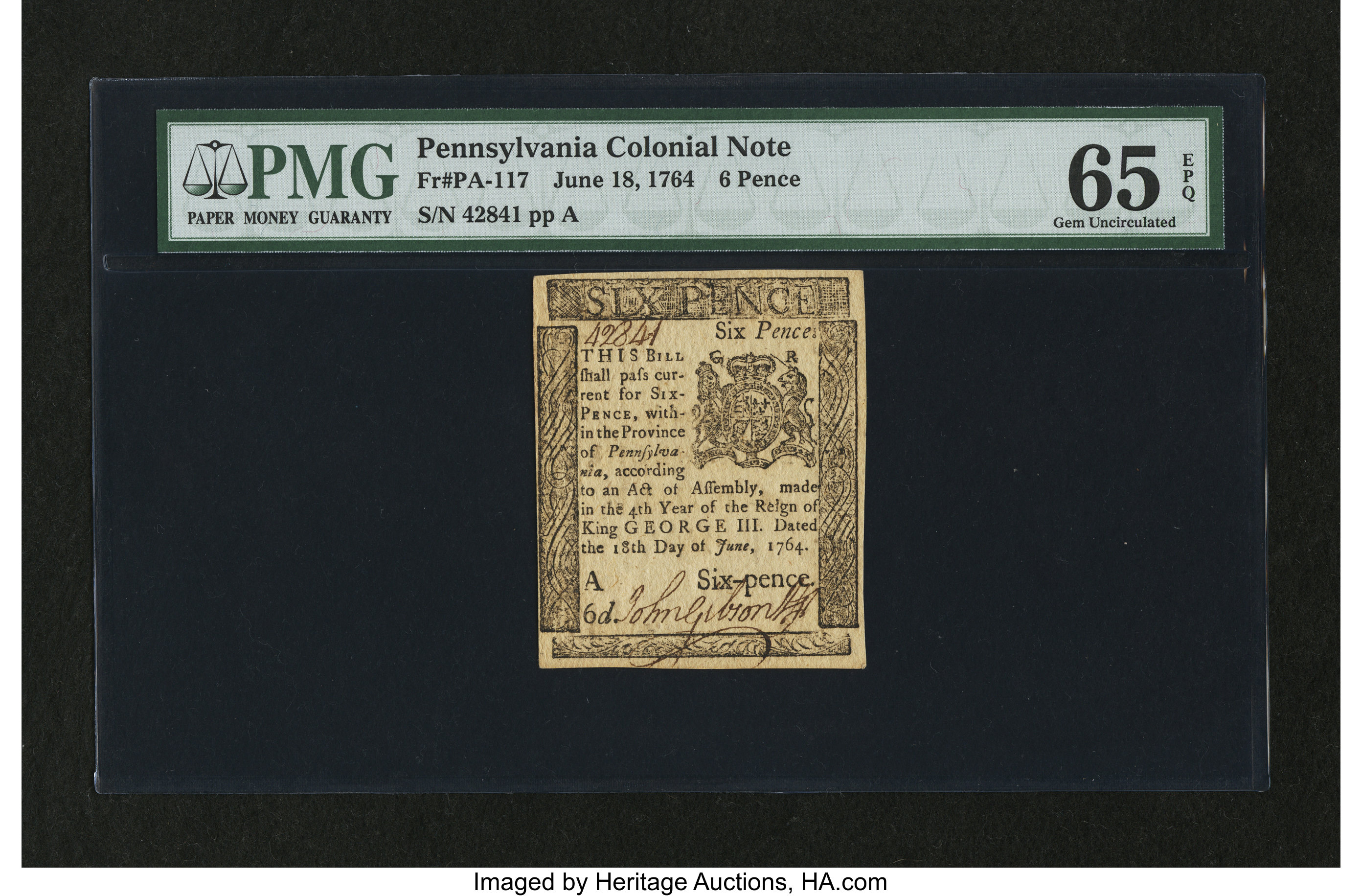 image for: Pennsylvania June 18, 1764 6d PMG Gem Uncirculated 65 EPQ....