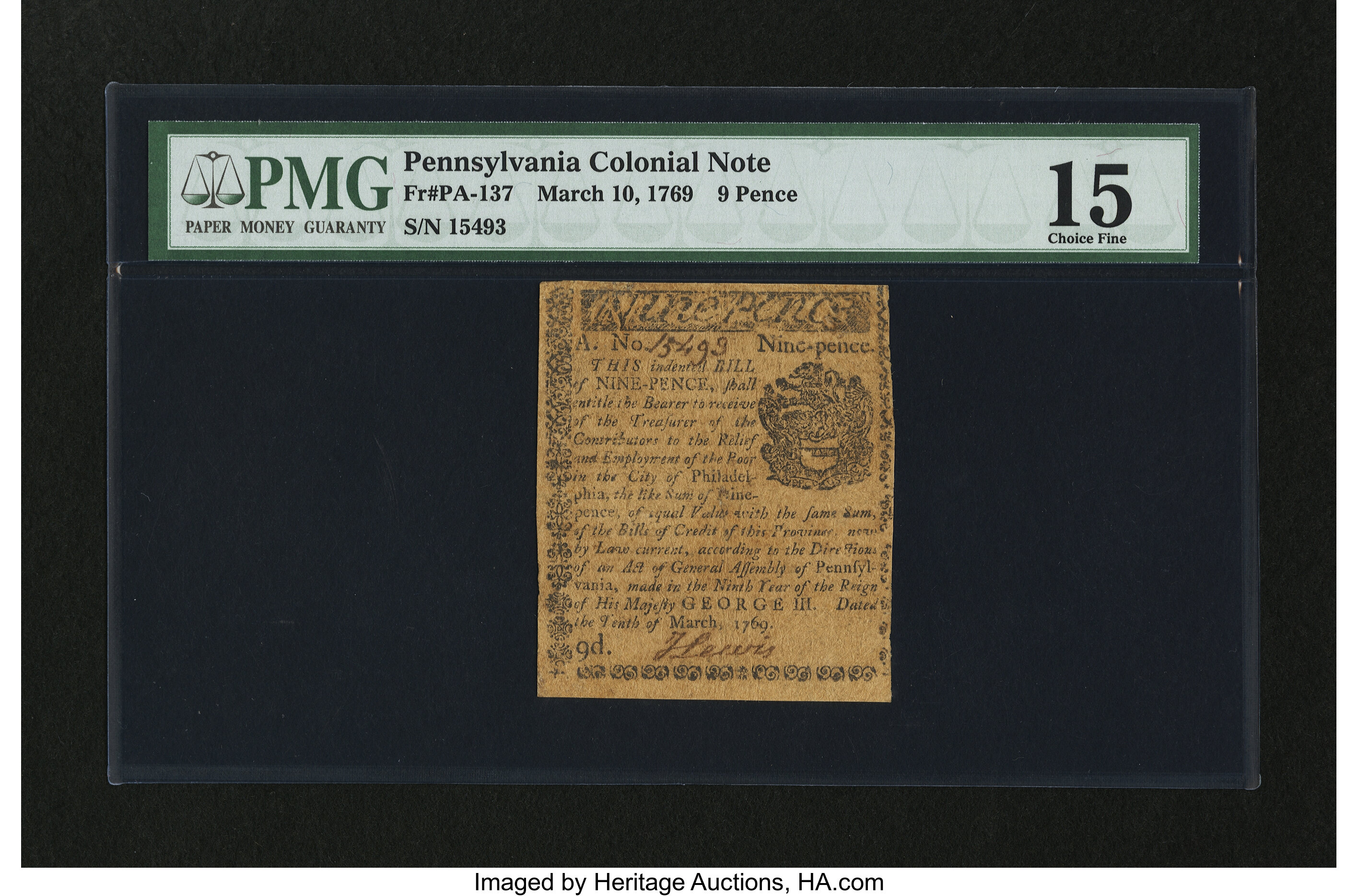 image for: Pennsylvania March 10, 1769 9d PMG Choice Fine 15....