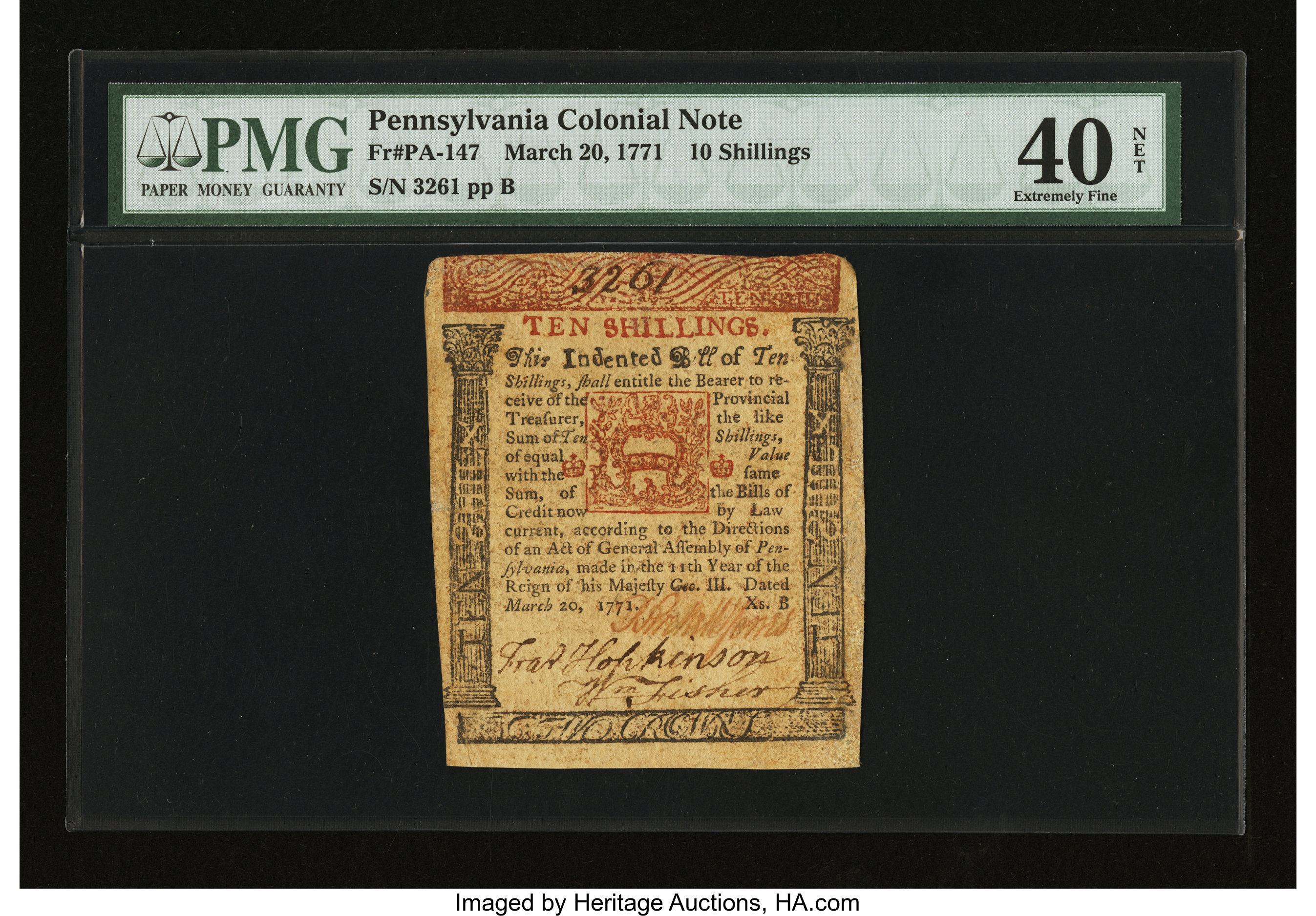 image for: Pennsylvania March 20, 1771 10s Francis Hopkinson PMG Extremely Fine 40 NET. ...