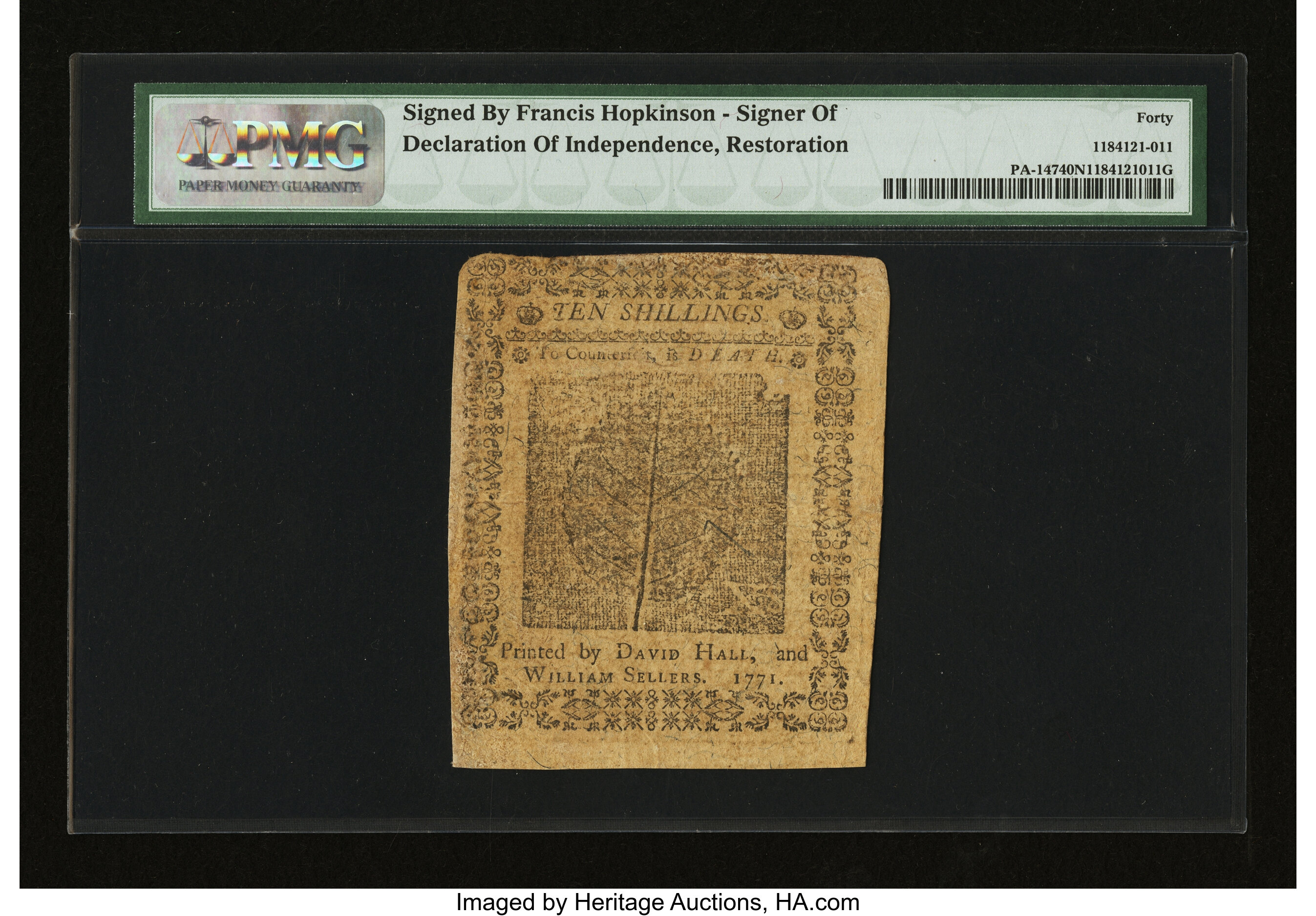 image for: Pennsylvania March 20, 1771 10s Francis Hopkinson PMG Extremely Fine 40 NET. ...