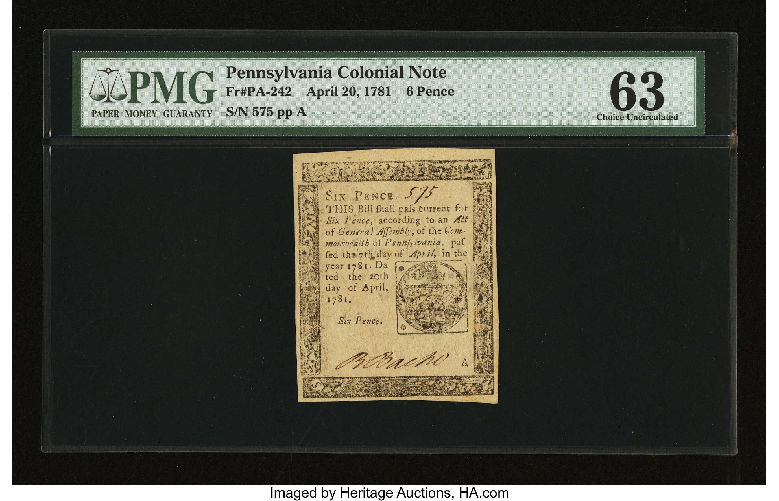 image for: Pennsylvania April 20, 1781 6d PMG Choice Uncirculated 63....