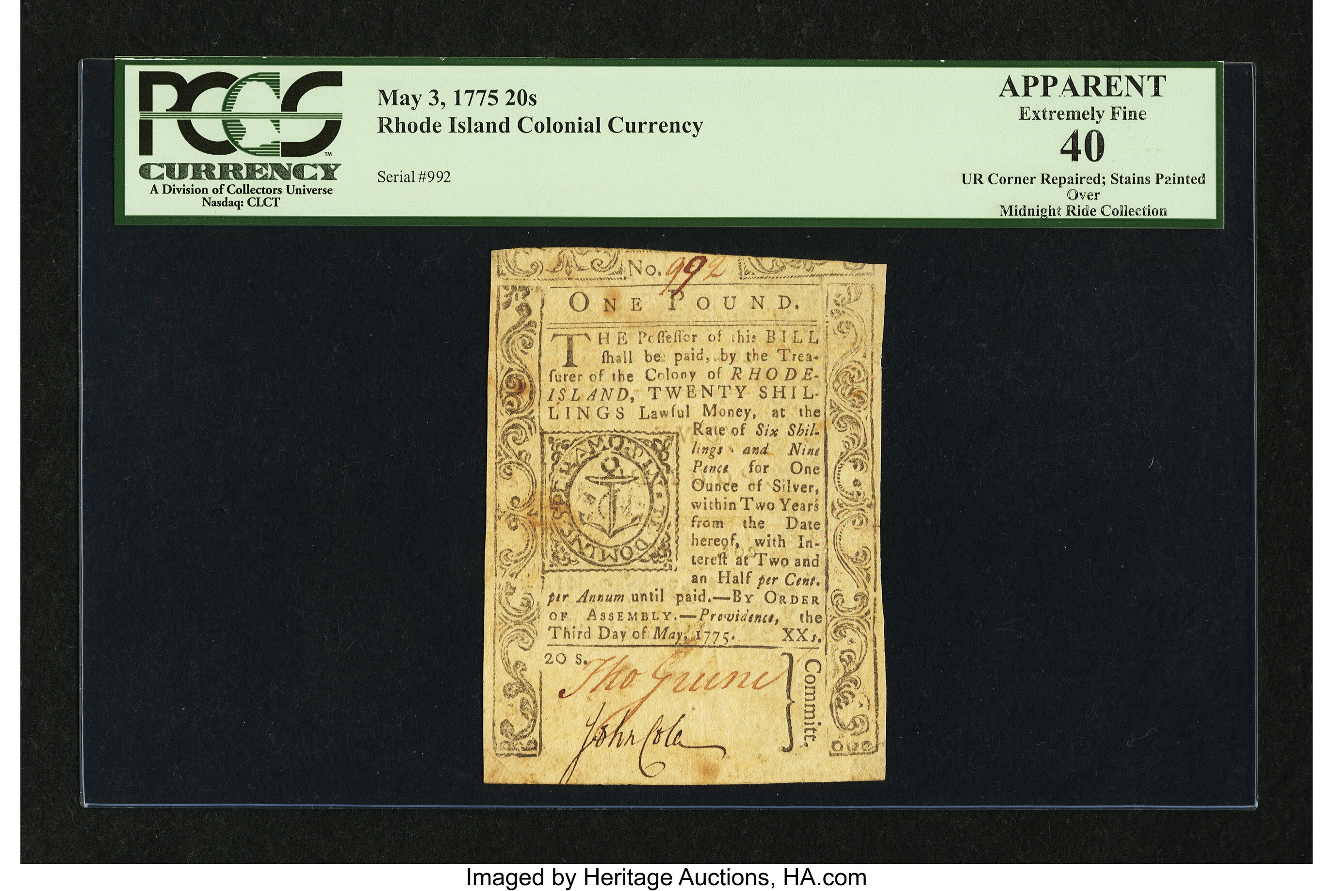 image for: Rhode Island May 3, 1775 20s PCGS Apparent Extremely Fine 40....