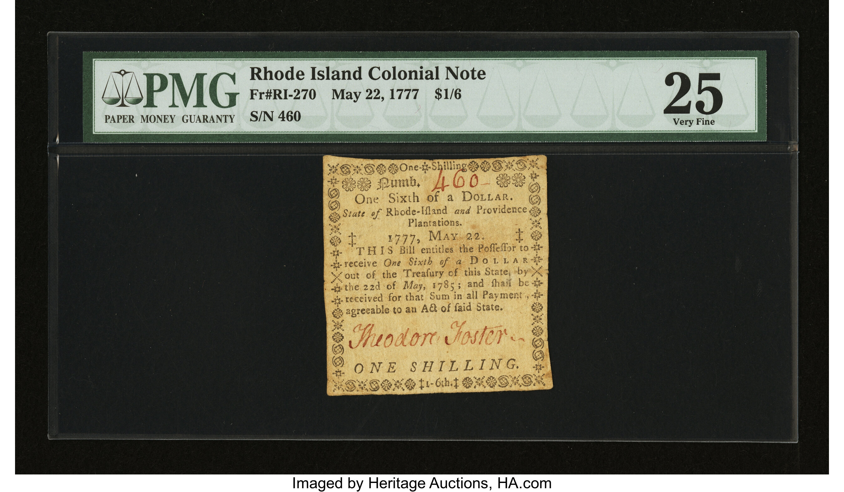 image for: Rhode Island May 22, 1777 $1/6 PMG Very Fine 25....