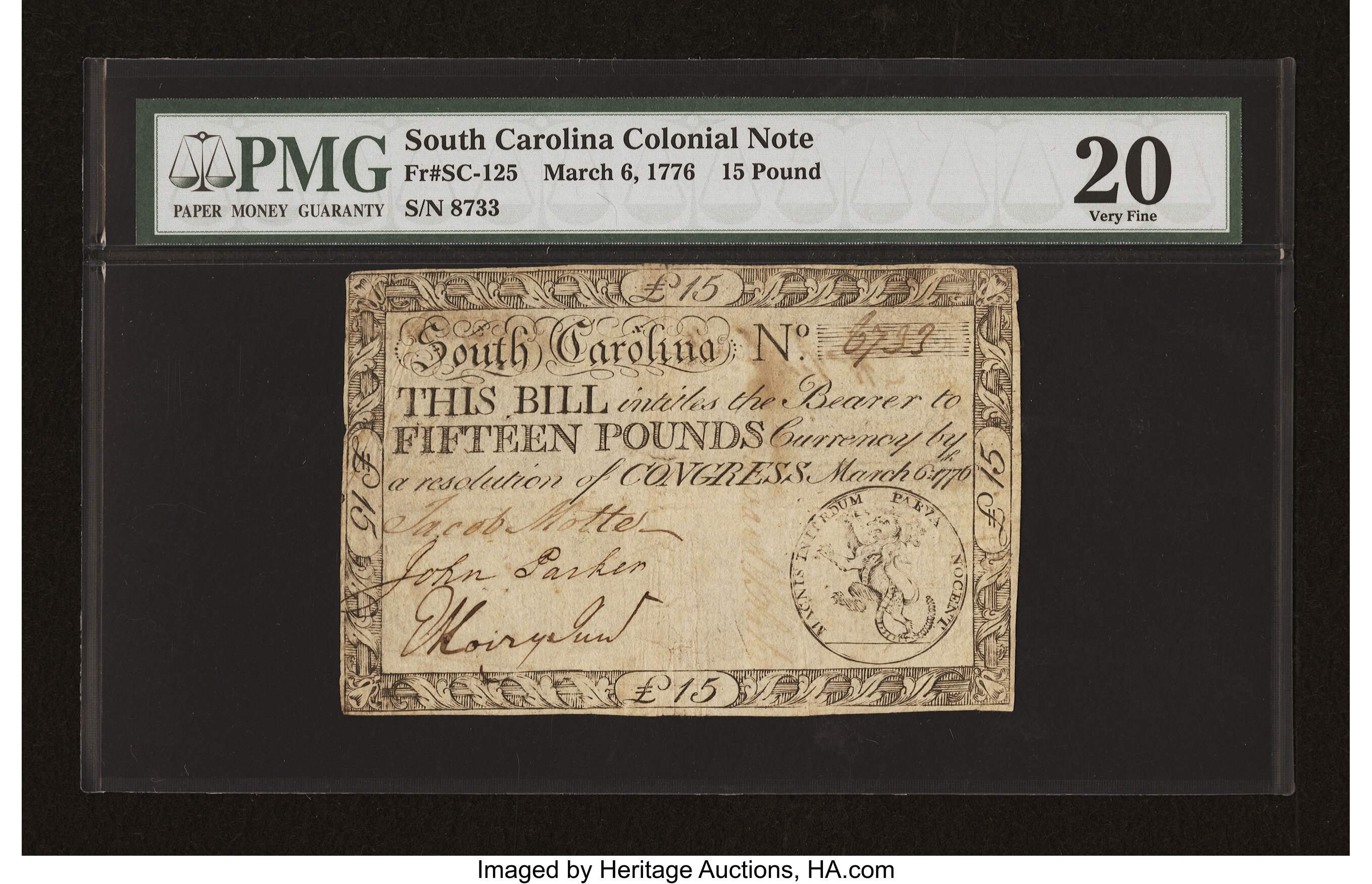 image for: South Carolina March 6, 1776 £15 PMG Very Fine 20....