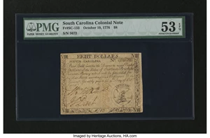 image for: South Carolina October 19, 1776 $8 PMG About Uncirculated 53 EPQ....