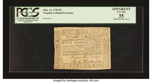 image for: Virginia March 11, 1760 £5 PCGS Apparent Very Fine 35....