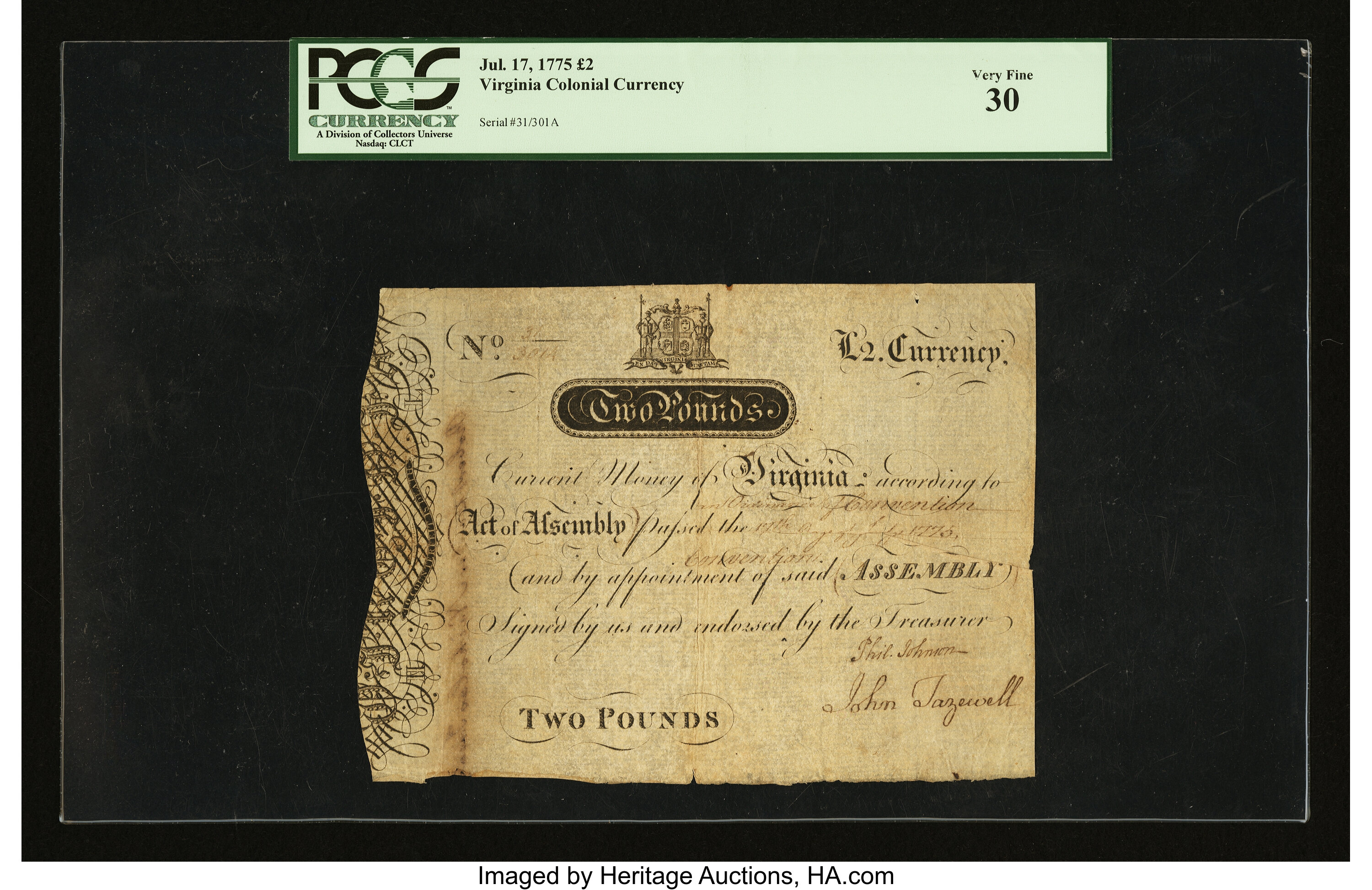image for: Virginia July 17, 1775 £2 PCGS Very Fine 30....
