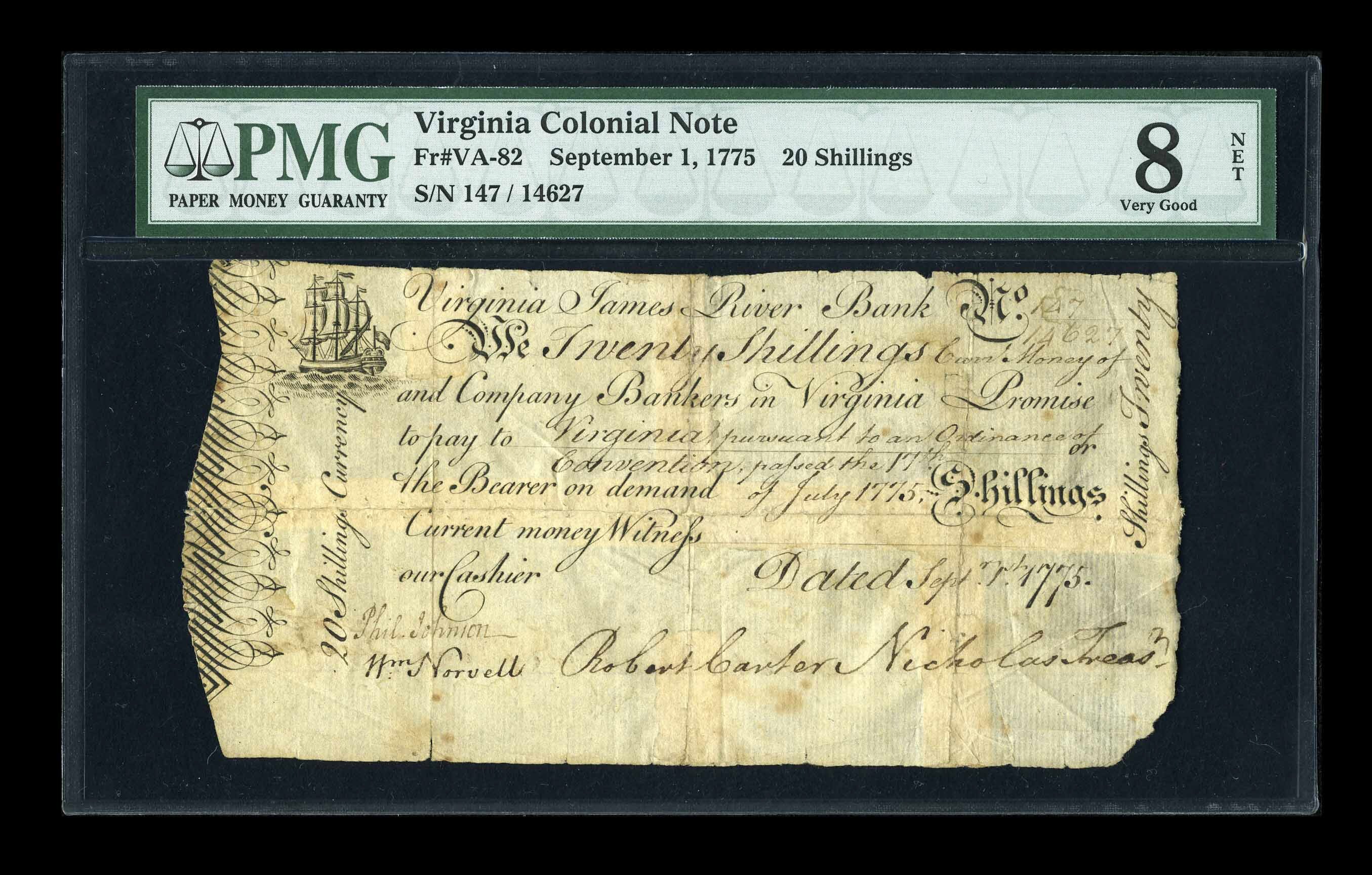 image for: Virginia September 1, 1775 20s PMG Very Good 8 NET. ...