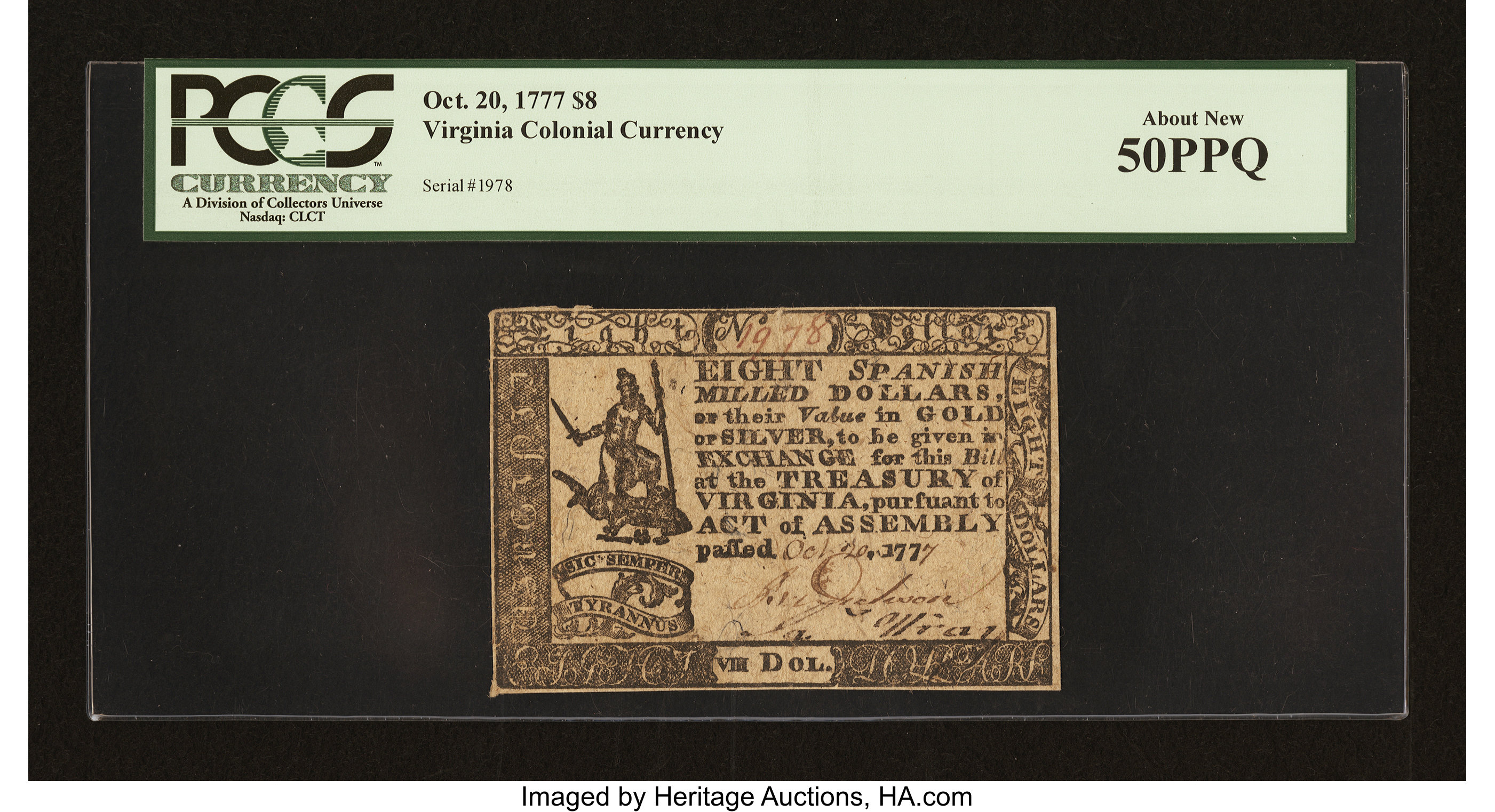 image for: Virginia October 20, 1777 $8 PCGS About New 50PPQ....